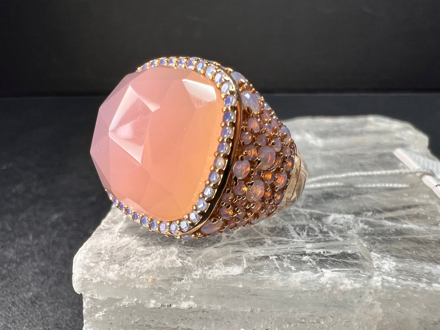 Pink Chalcedony Statement Ring 18K Rose Gold Plated Size 7.5 NWT