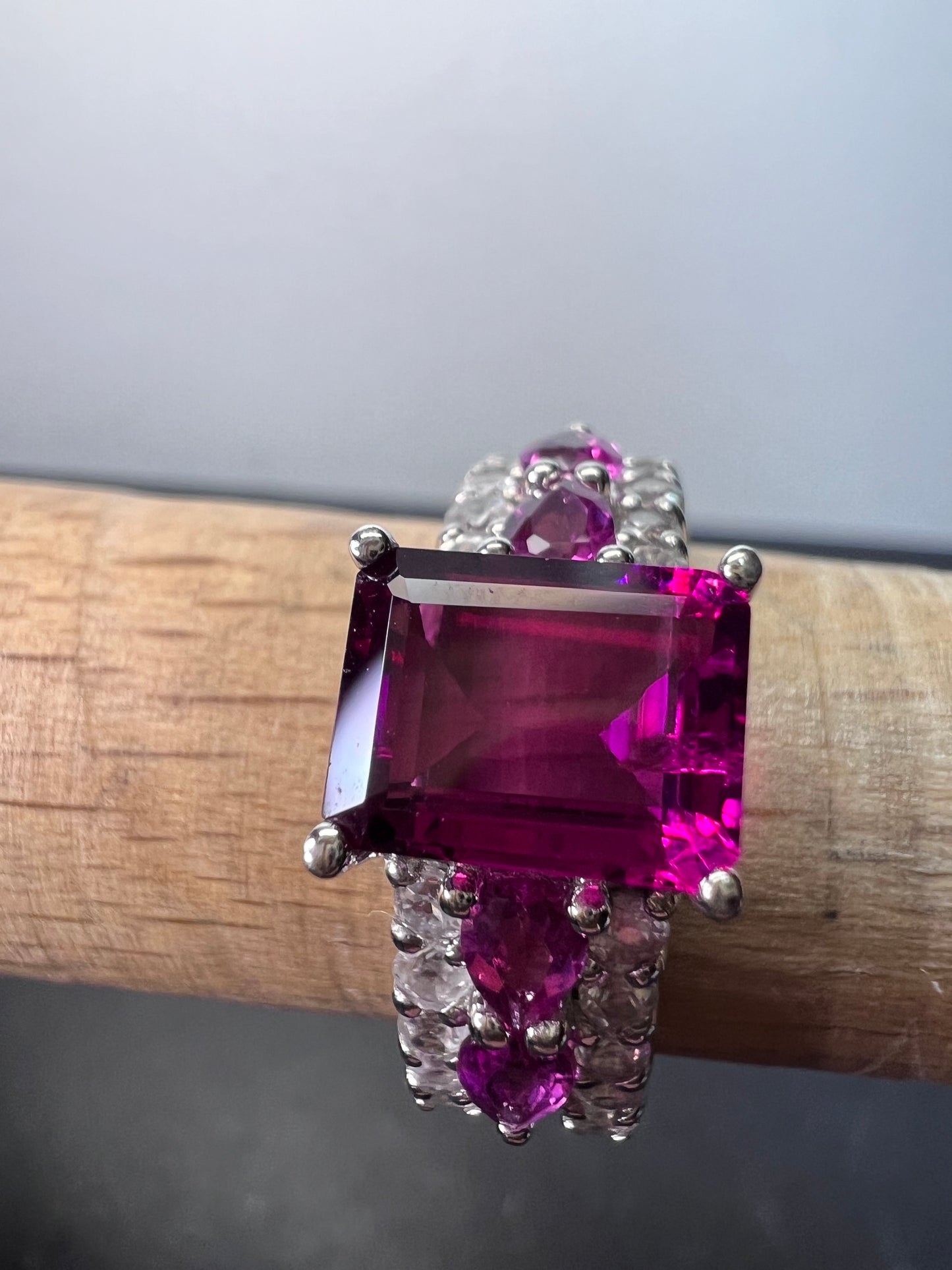 Lab pink tourmaline and white topaz statement ring size 8