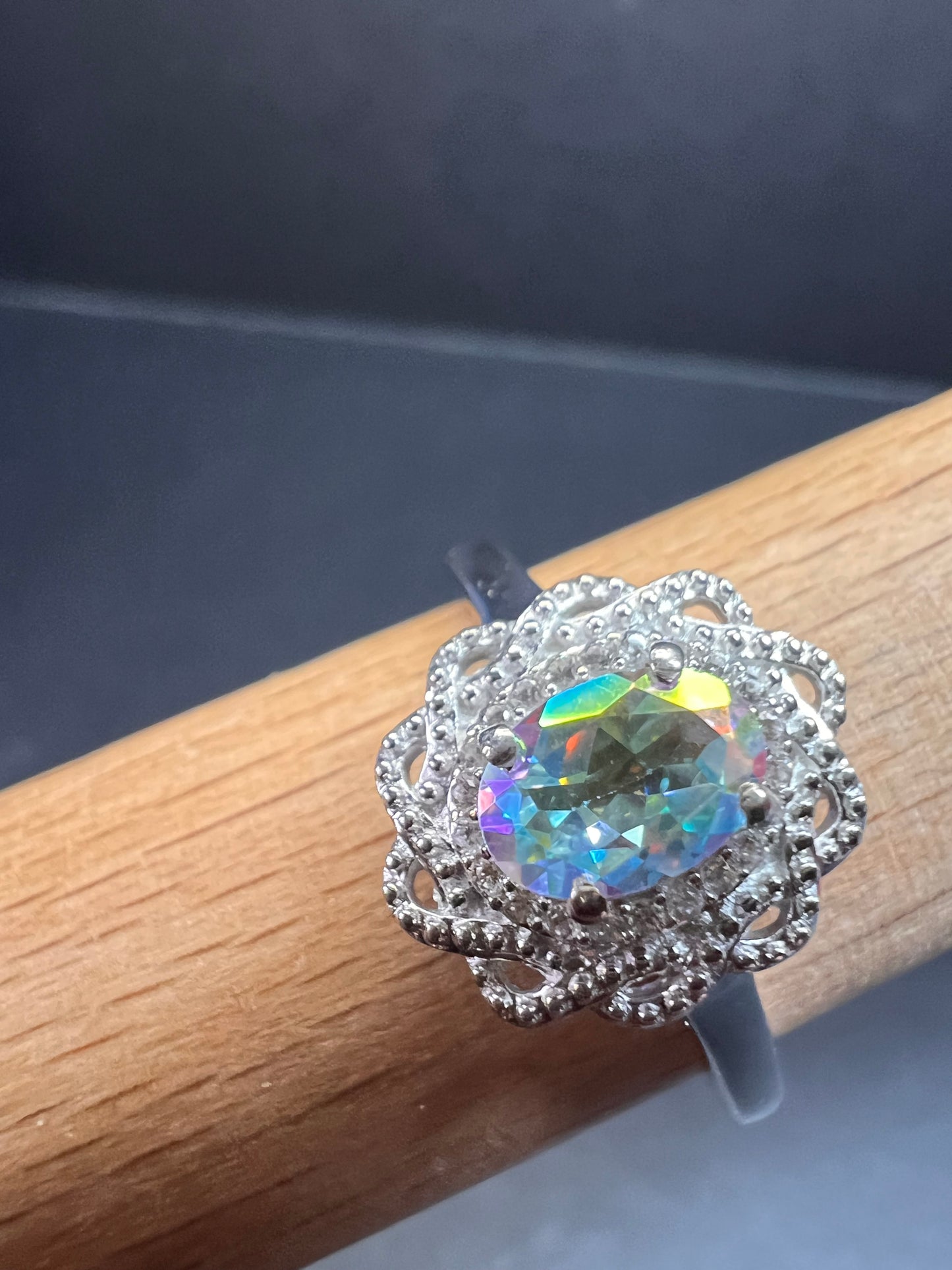 NEW Mercury Mystic topaz and zircon celestial halo ring in rhodium over sterling silver size 10