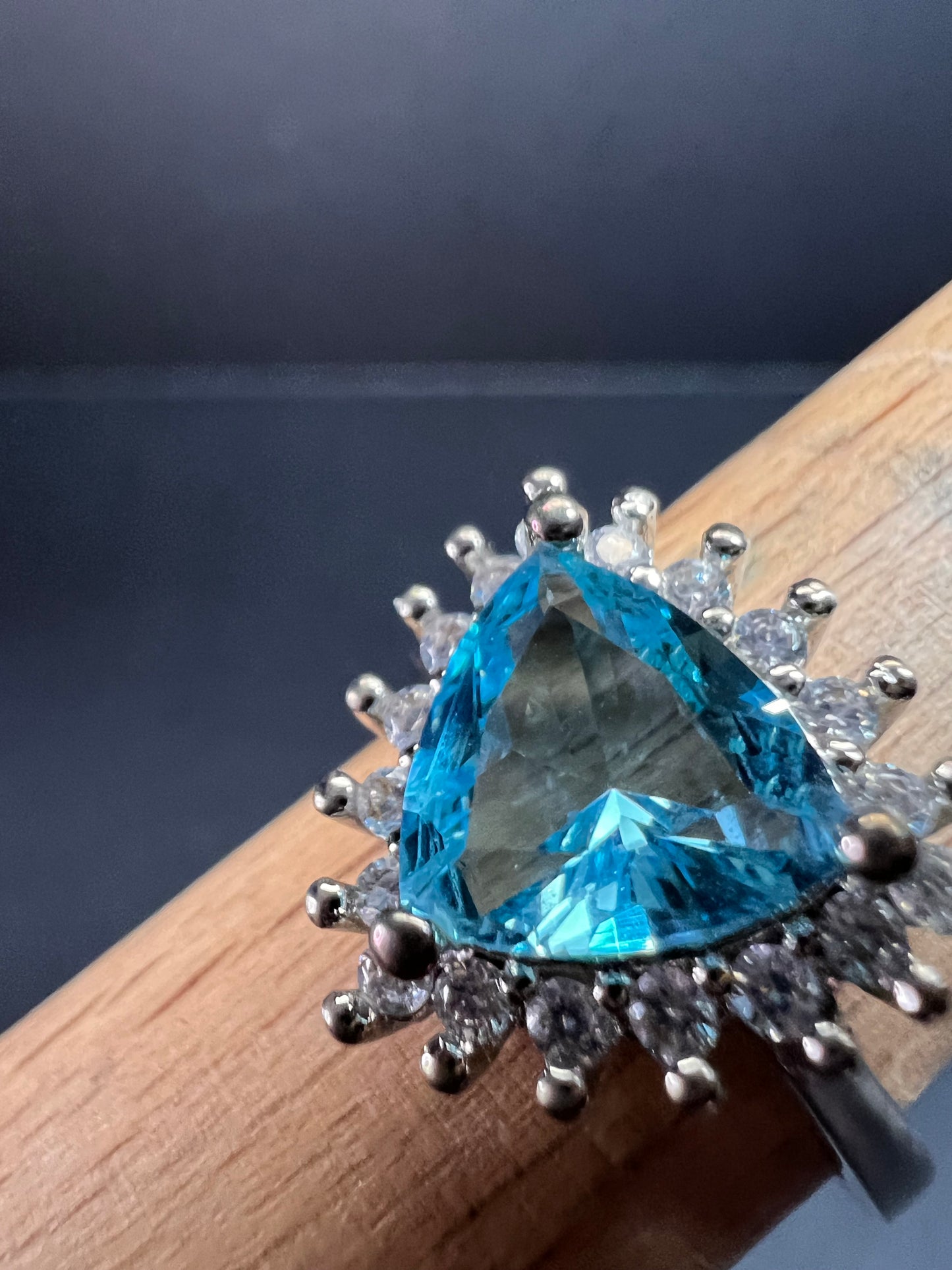 Sky blue trillium CZ halo sterling silver ring size 9