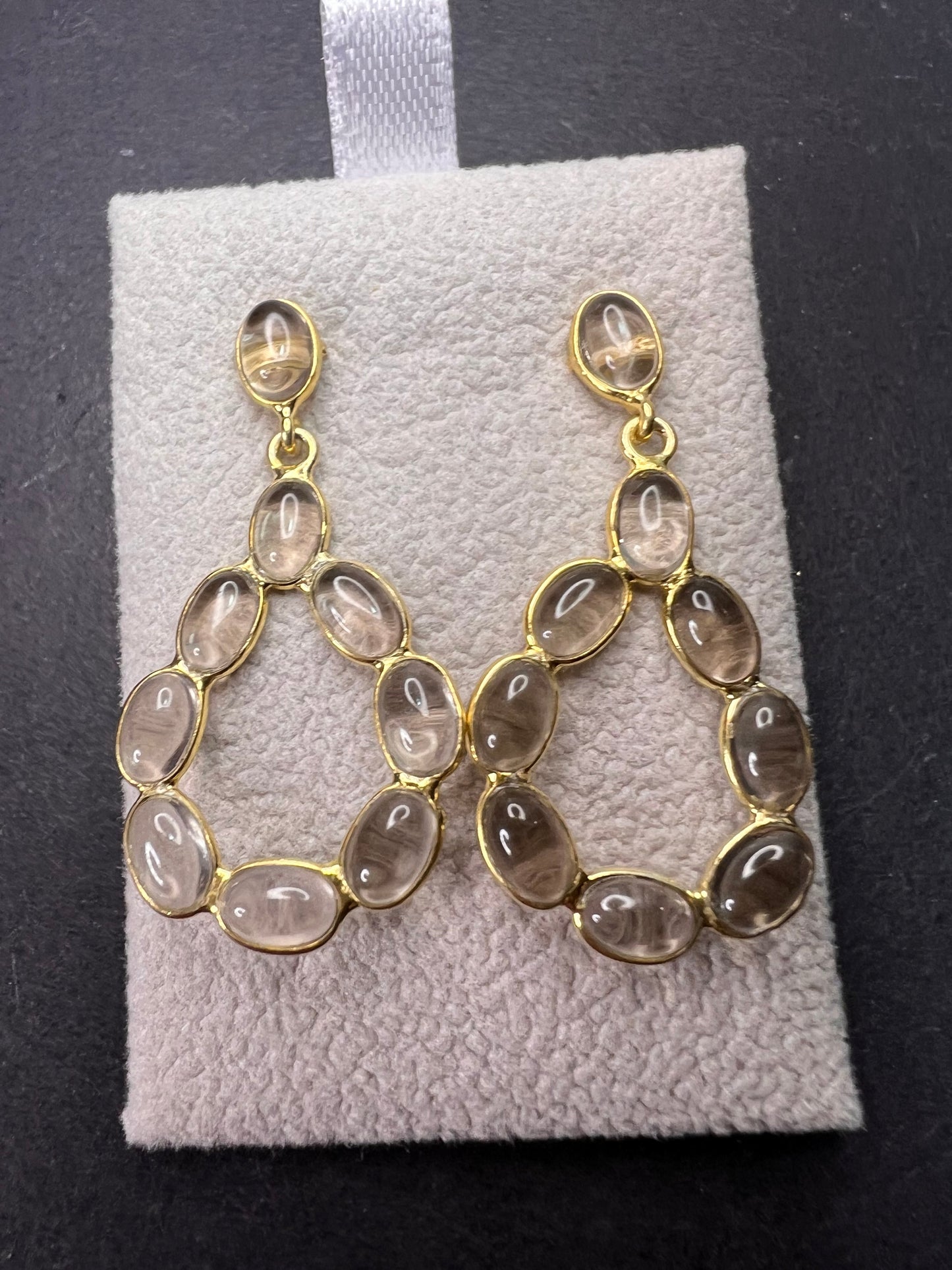 Smoky quartz open teardrop earrings in gold over sterling silver