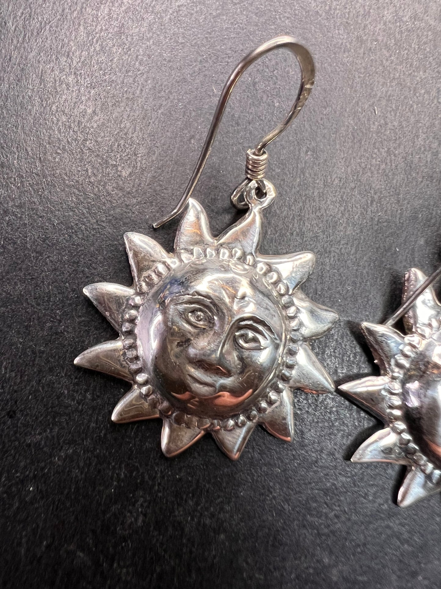 Vintage Sterling Silver Sun Face Dangle Earrings 925