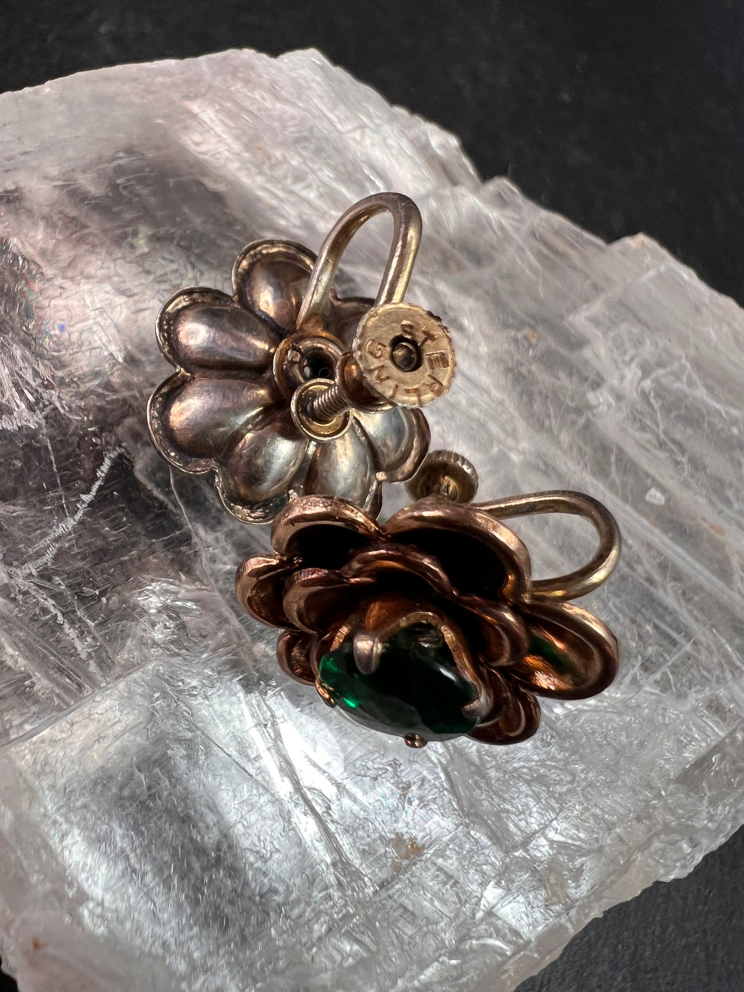 Vintage 1940s Vermeil Flower Screw Back Green Paste Earrings