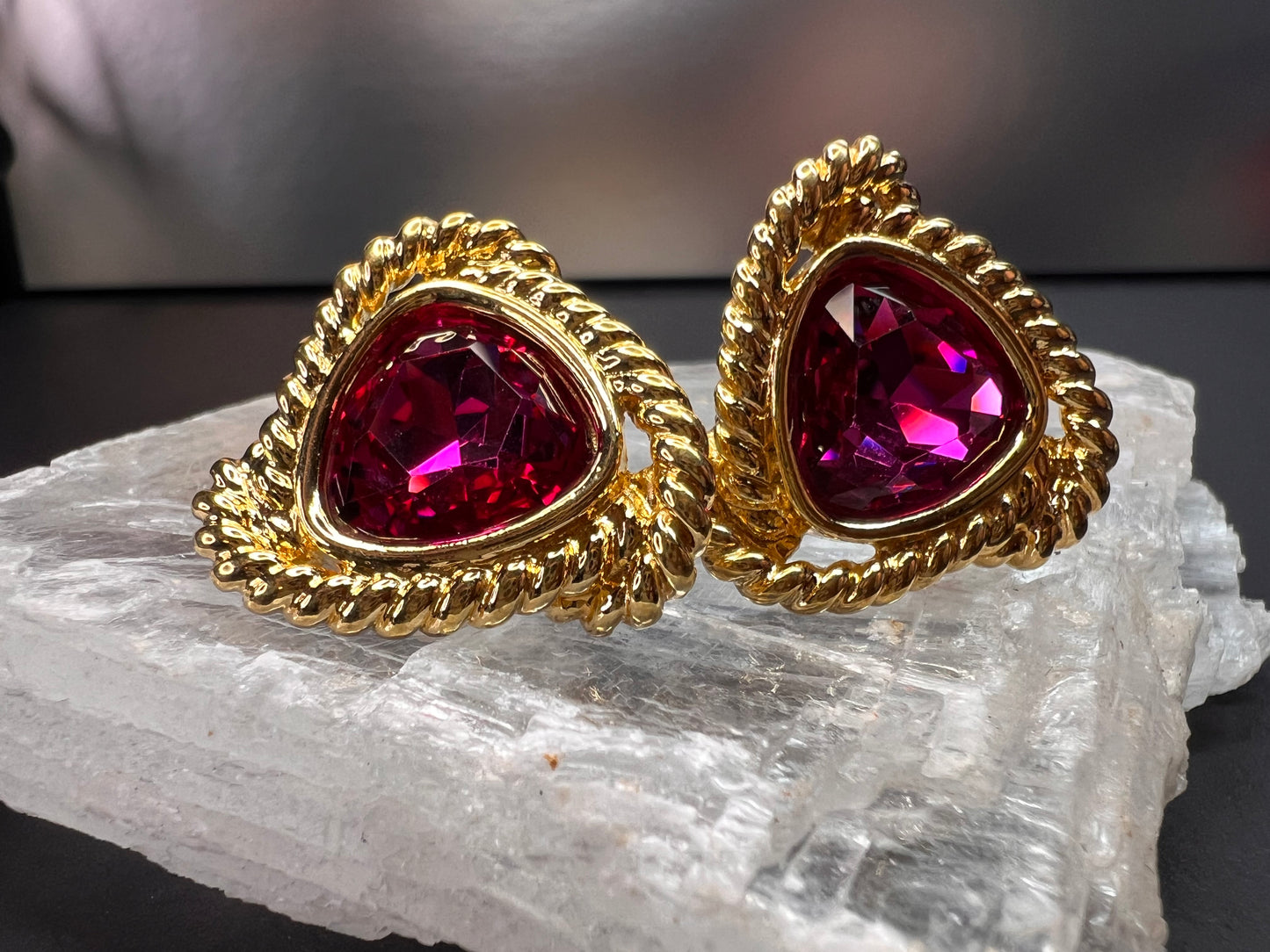 Vintage Swarovski Magenta Crystal Gold Tone Rope Post Earrings