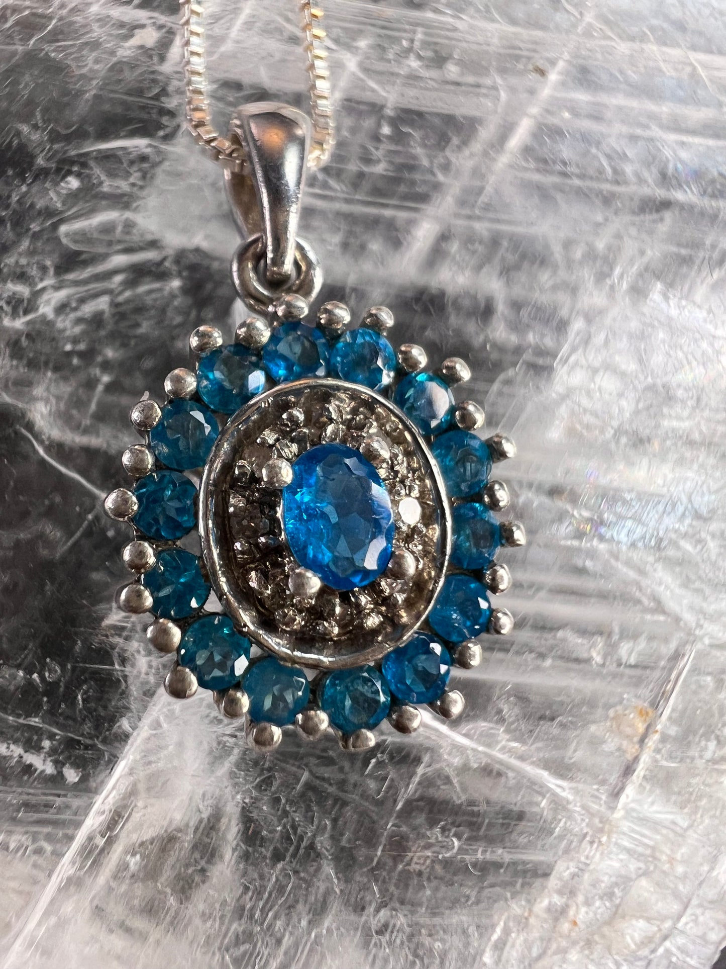 Vintage 925 Sterling Silver Blue Apatite & Diamond Halo Pendant Necklace