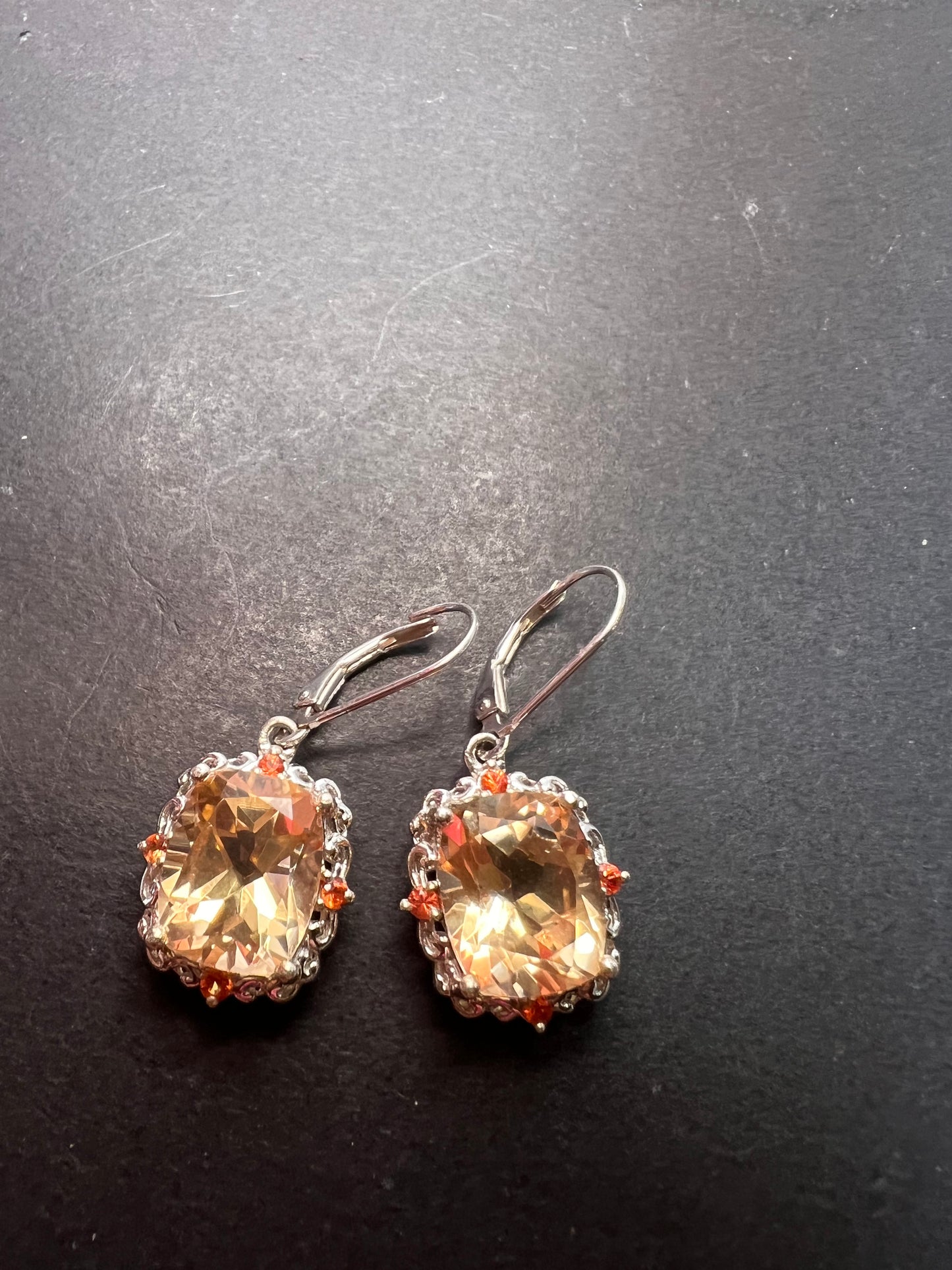 Morganite quartz and orange spinel sterling silver lever back earrings OOP