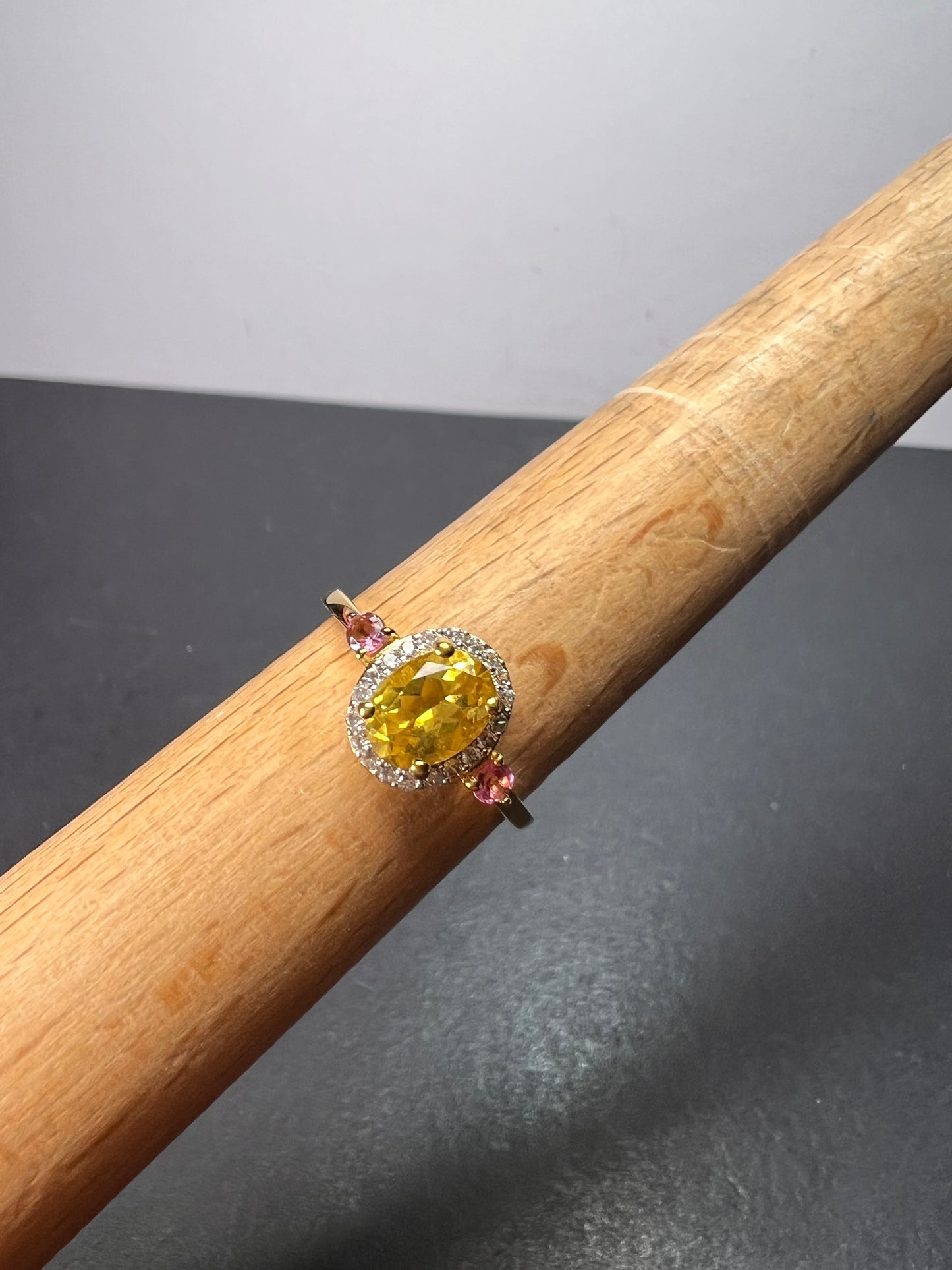 Heliodor and rubellite halo ring in vermeil yellow gold over sterling silver size 9 *NEW*