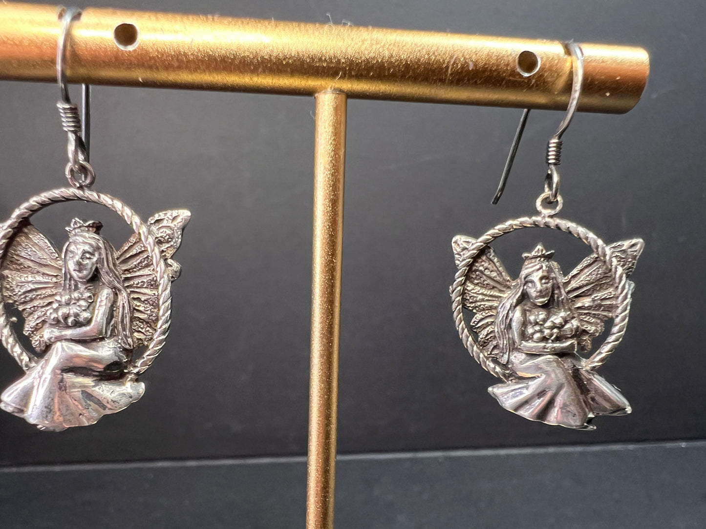 Vintage Sterling Silver Fairy Earrings • Detailed Wings & Floral Motif