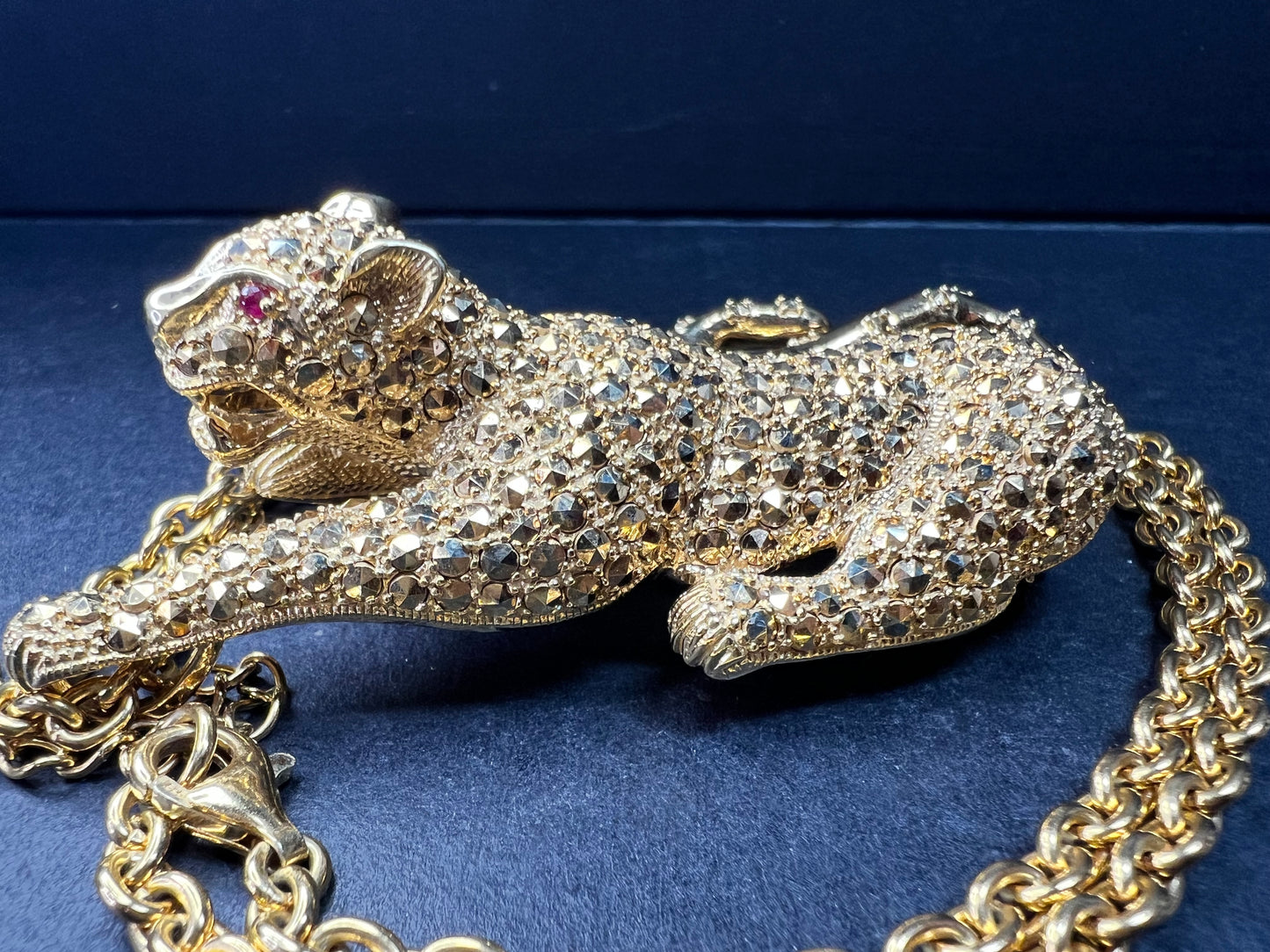 Dallas Prince 14K Clad Marcasite Panther Necklace Ruby Eyes 18-20