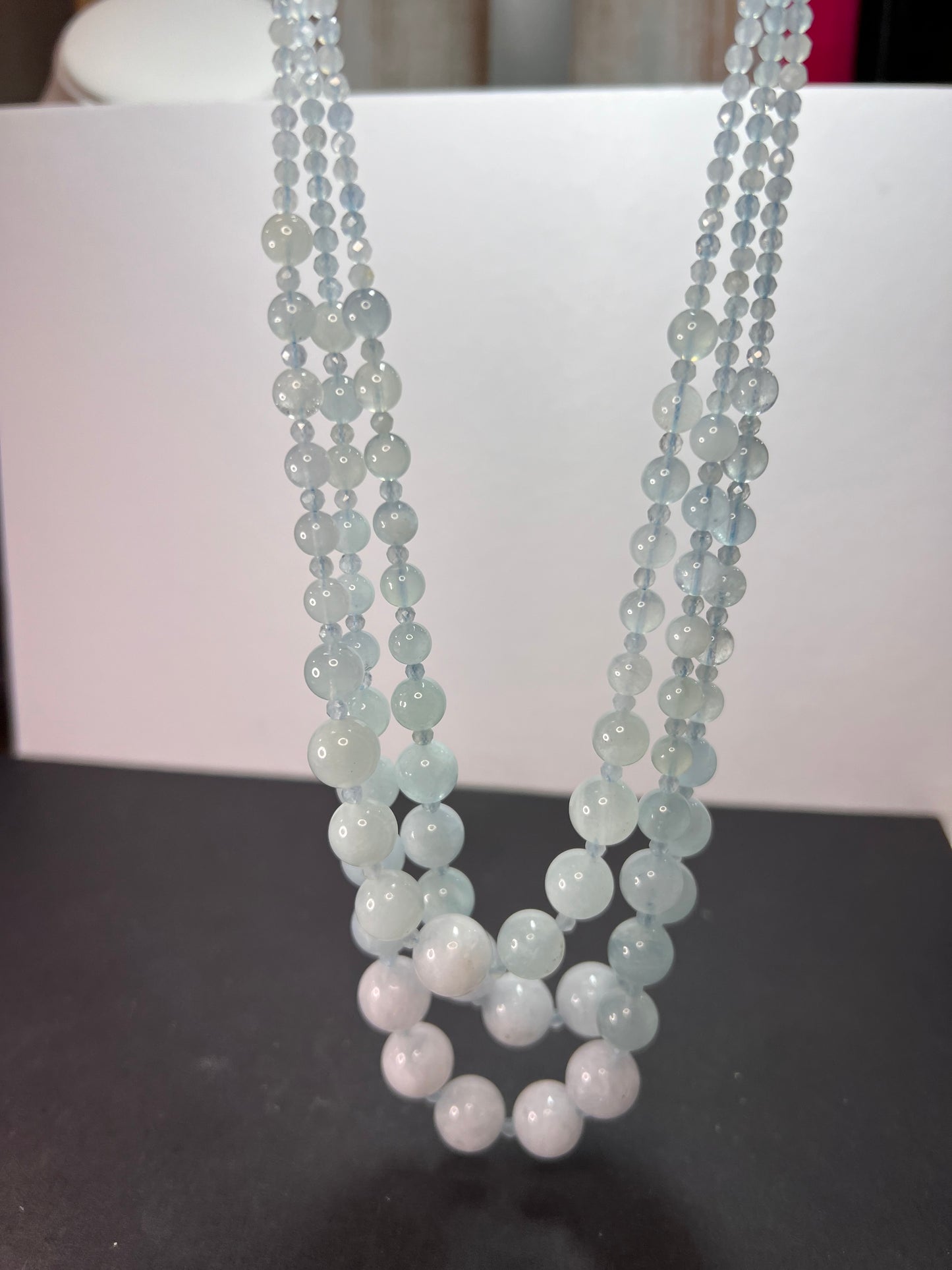 Triple strand aquamarine necklace with sterling silver lobster clasp