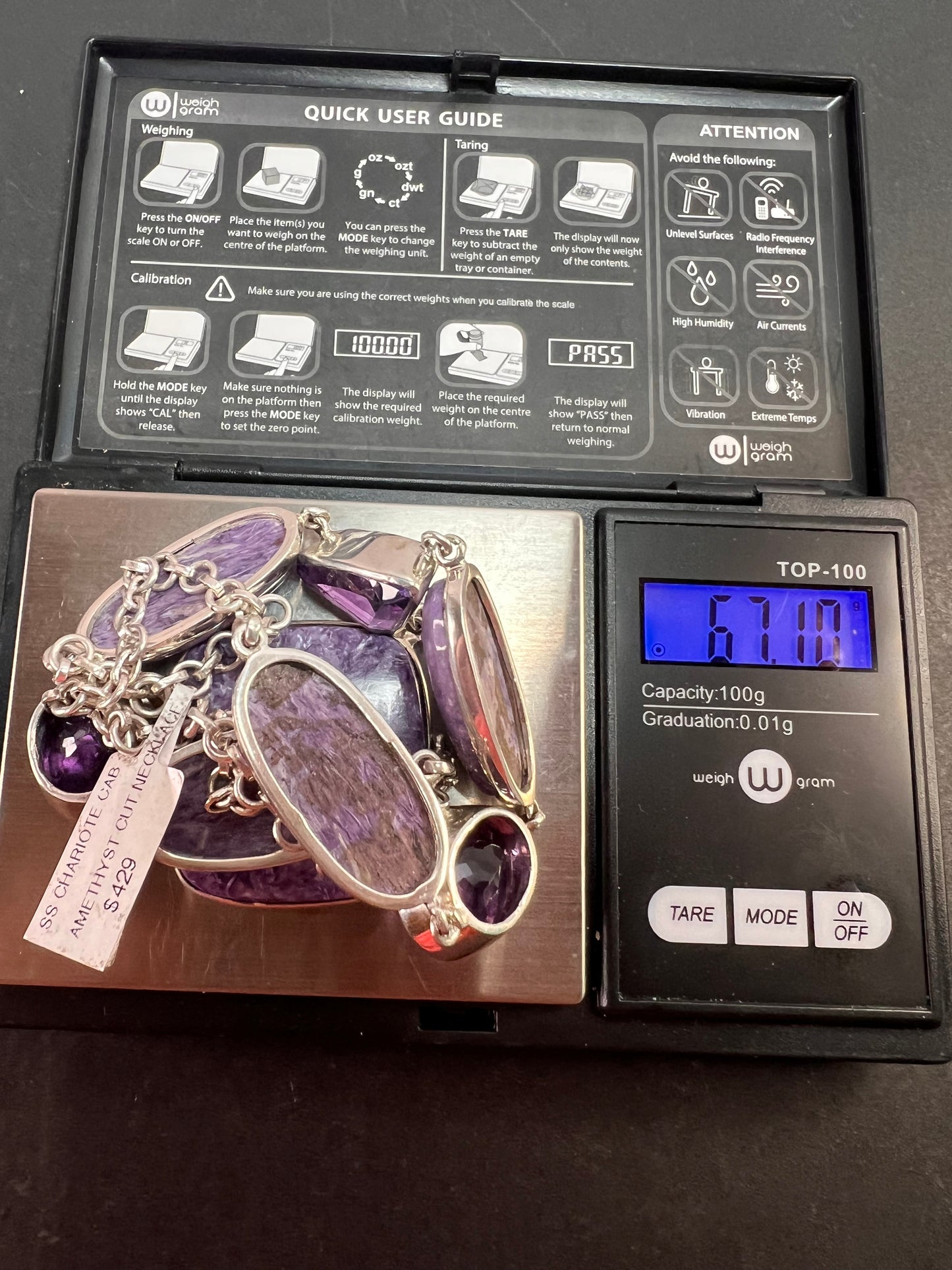 NEW Charoite and amethyst sterling silver necklace