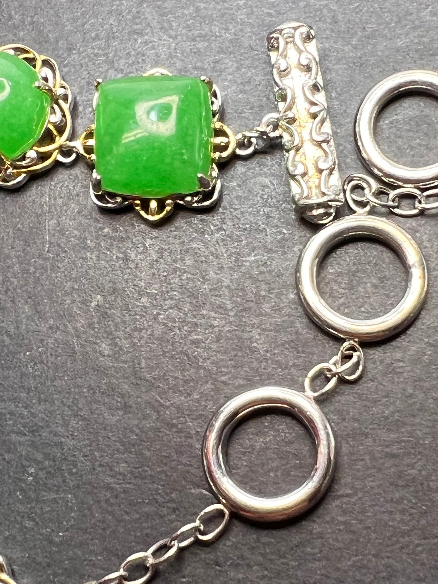 Green Jade two toned sterling silver toggle bracelet