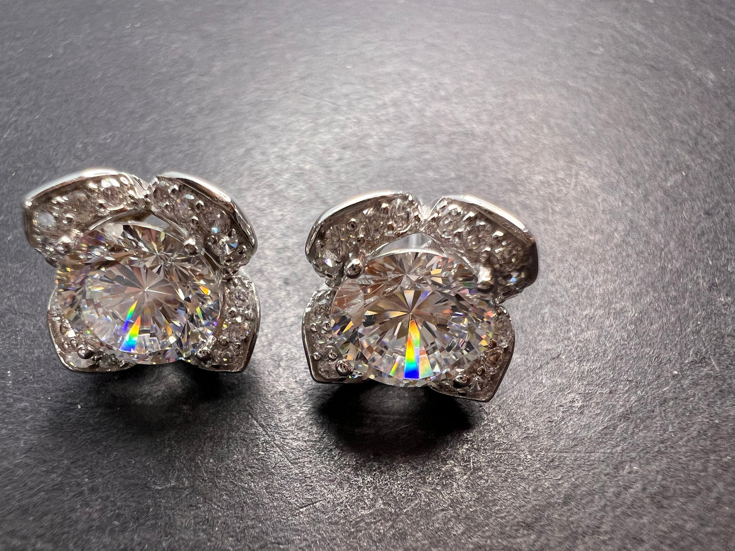 CZ floral styled stud earrings in rhodium over sterling silver