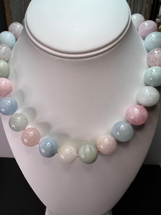 16mm morganite aquamarine beryl knotted bead 18 inch necklace with 925 magnetic clasp