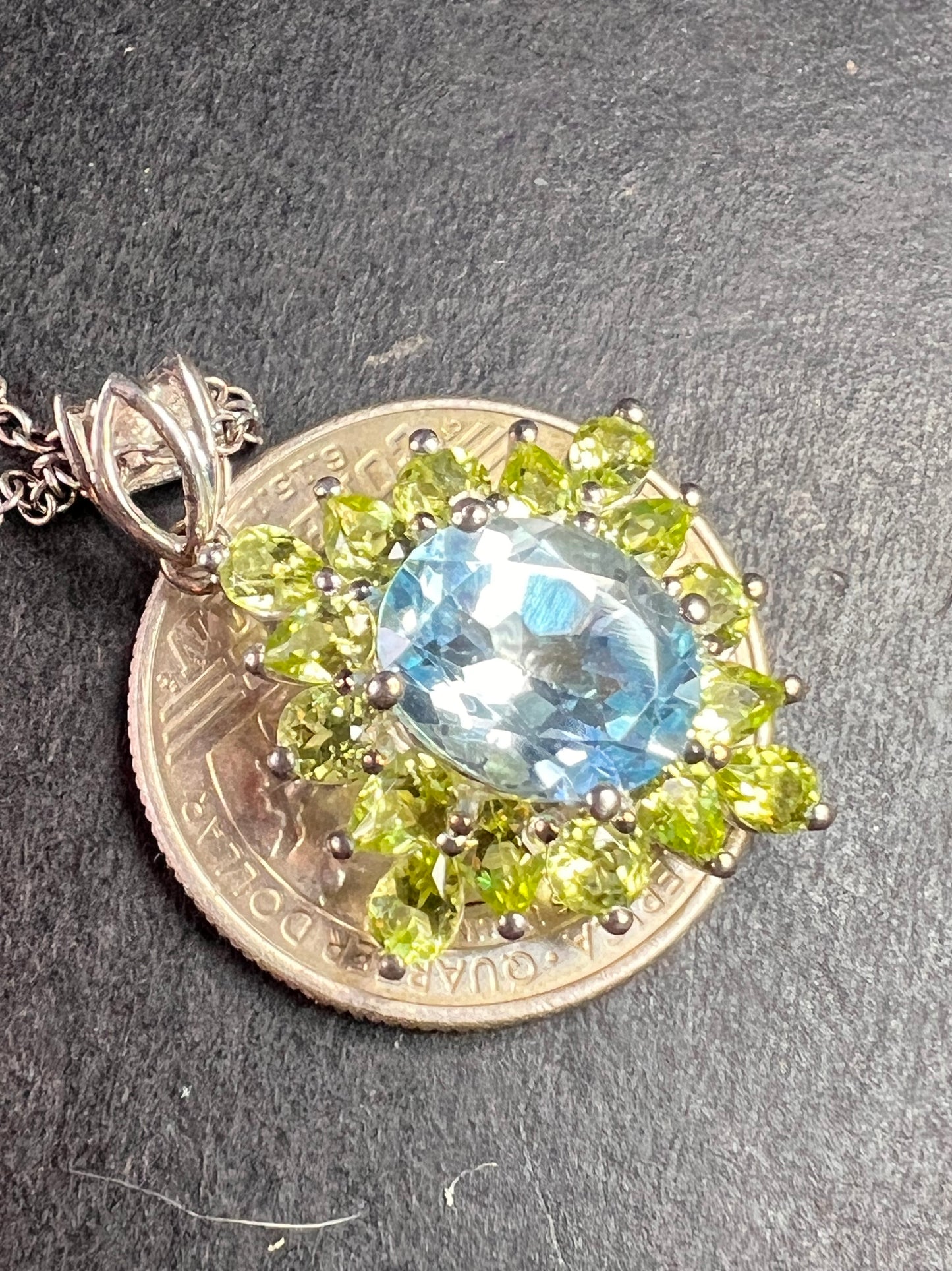 Vintage Blue Topaz & Peridot Sunburst Pendant Necklace – HT Sterling Silver