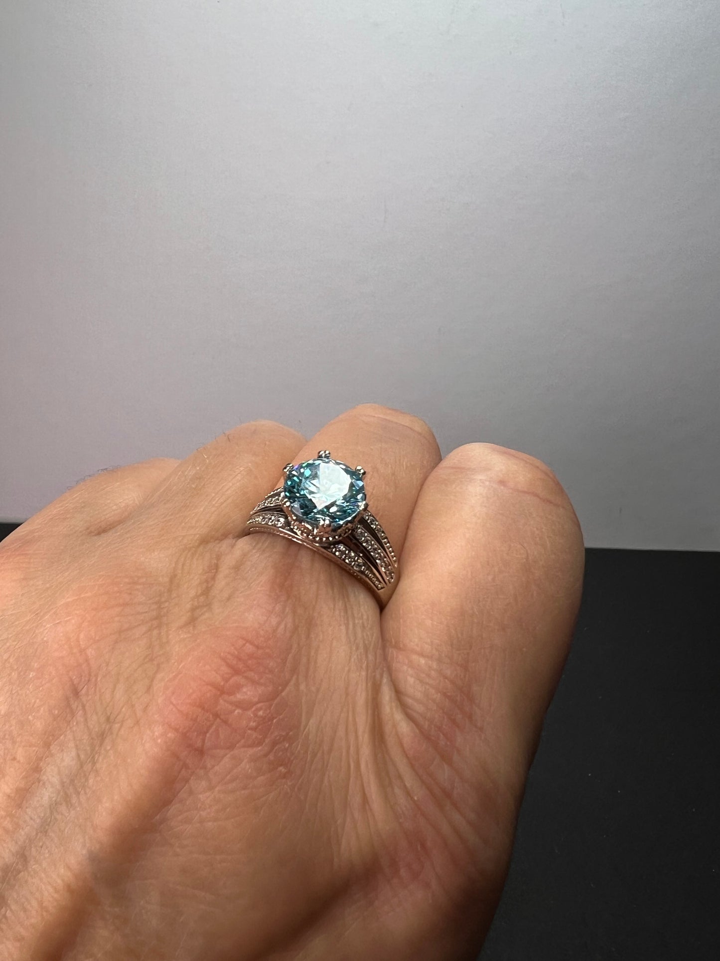 Blue and white CZ sterling silver crown setting solitaire ring size 9