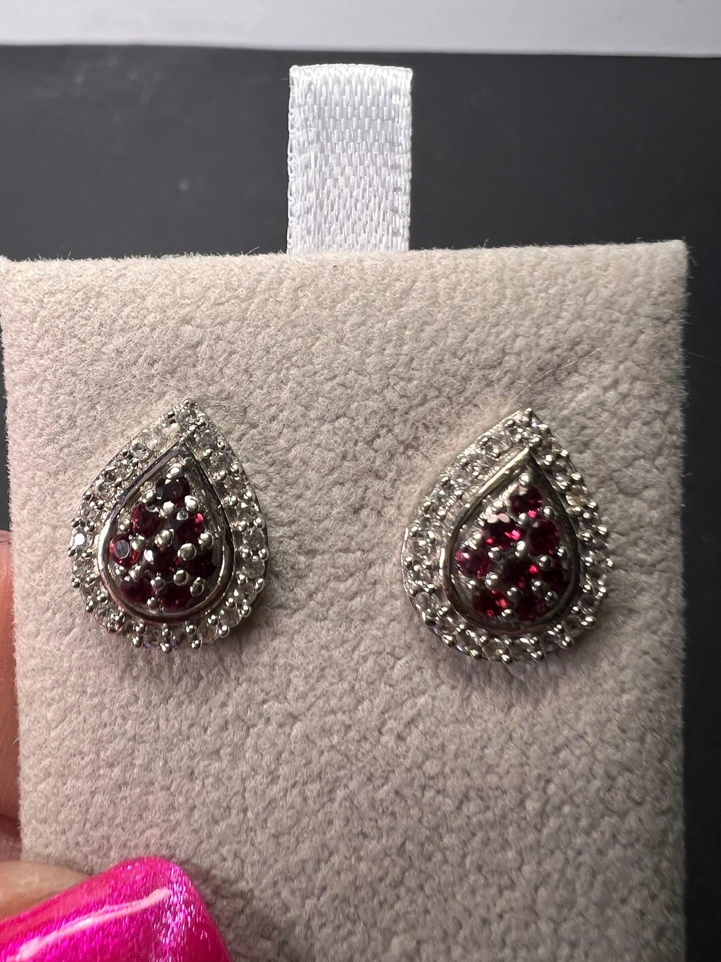 Red garnet and white topaz teardrop sterling silver post halo earrings