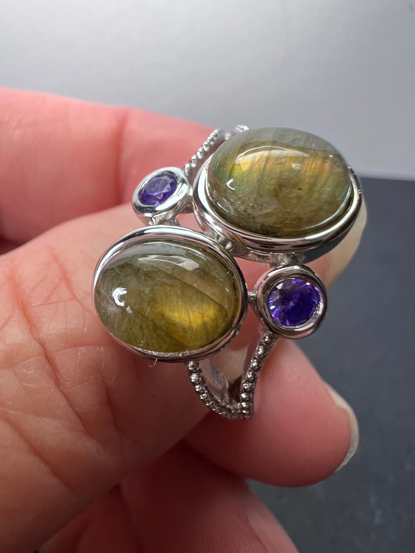 Labradorite and purple CZ sterling silver ring size 9