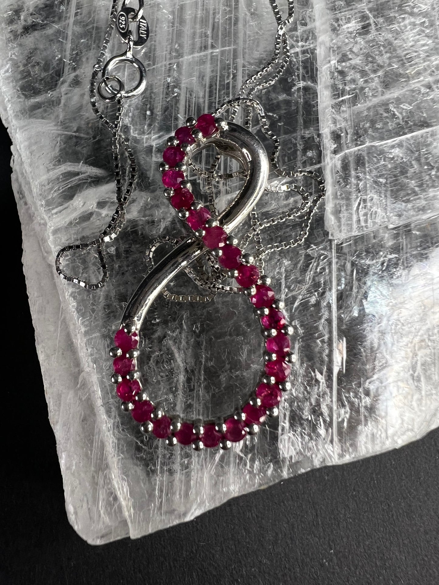 Vintage Ruby Infinity Pendant Necklace Sterling Silver 18” Chain