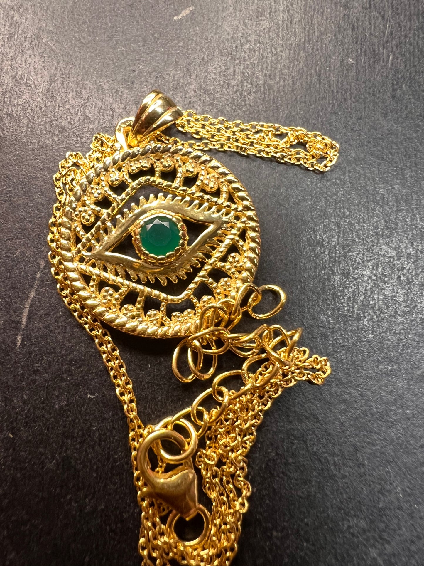 NEW Green onyx evil eye pendant and chain in gold over sterling silver