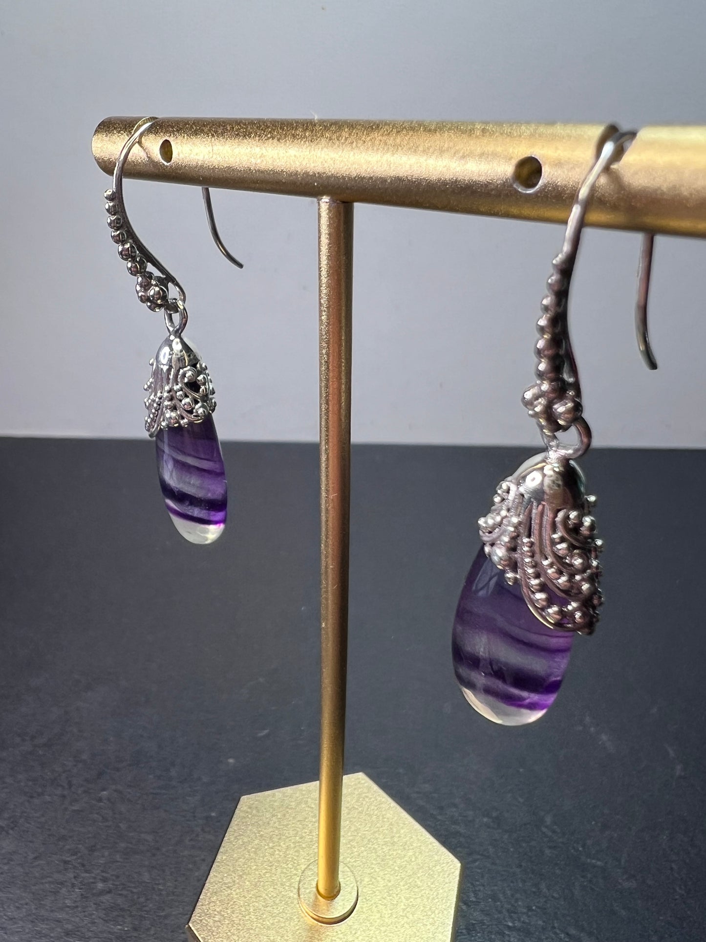 SARDA fluorite teardrop Bali sterling silver dangle earrings *NEW*