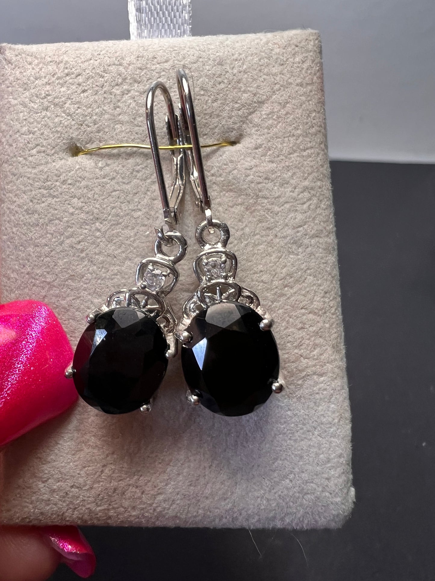 Black spinel lever back Sterling earrings