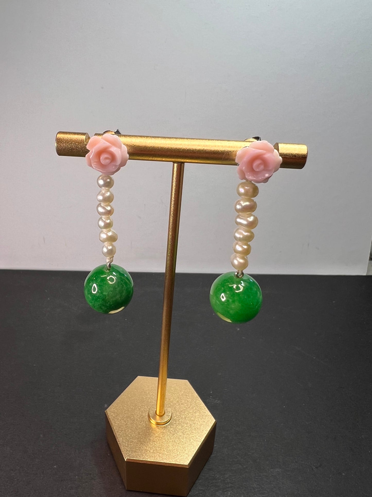 Green Jade , pink flowers and freshwater pearl earrings in rhodium over sterling silver