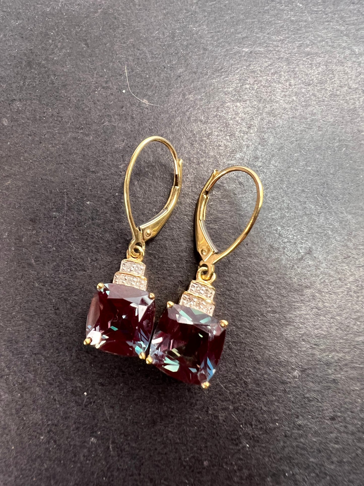 10k gold Lab alexandrite and diamond lever back earrings