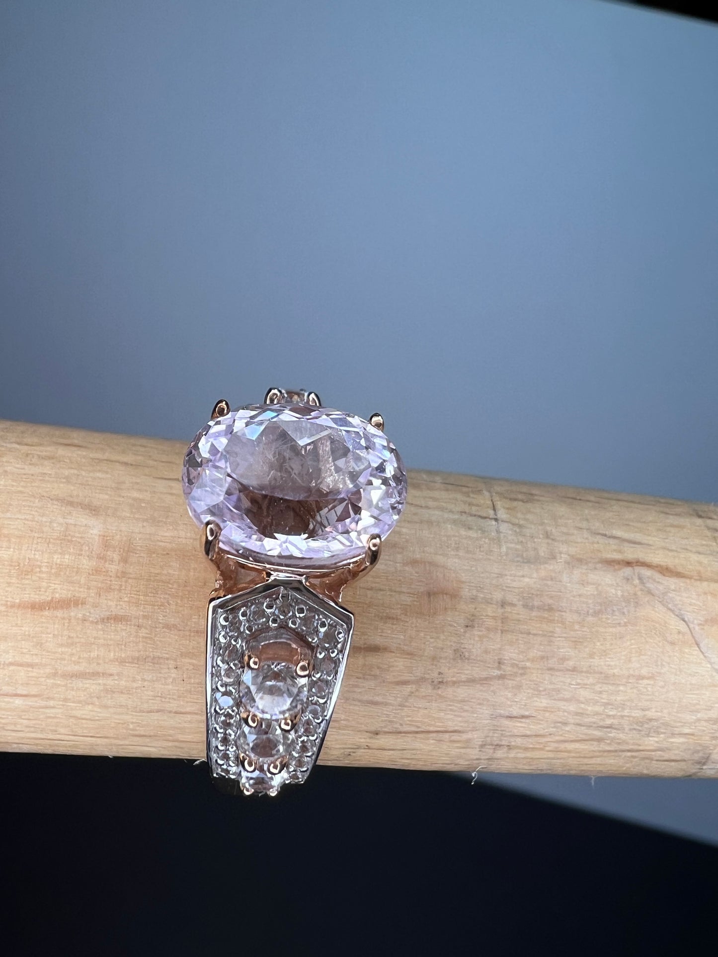 Kunzite and white topaz 18k rose gold over sterling silver ring size 9