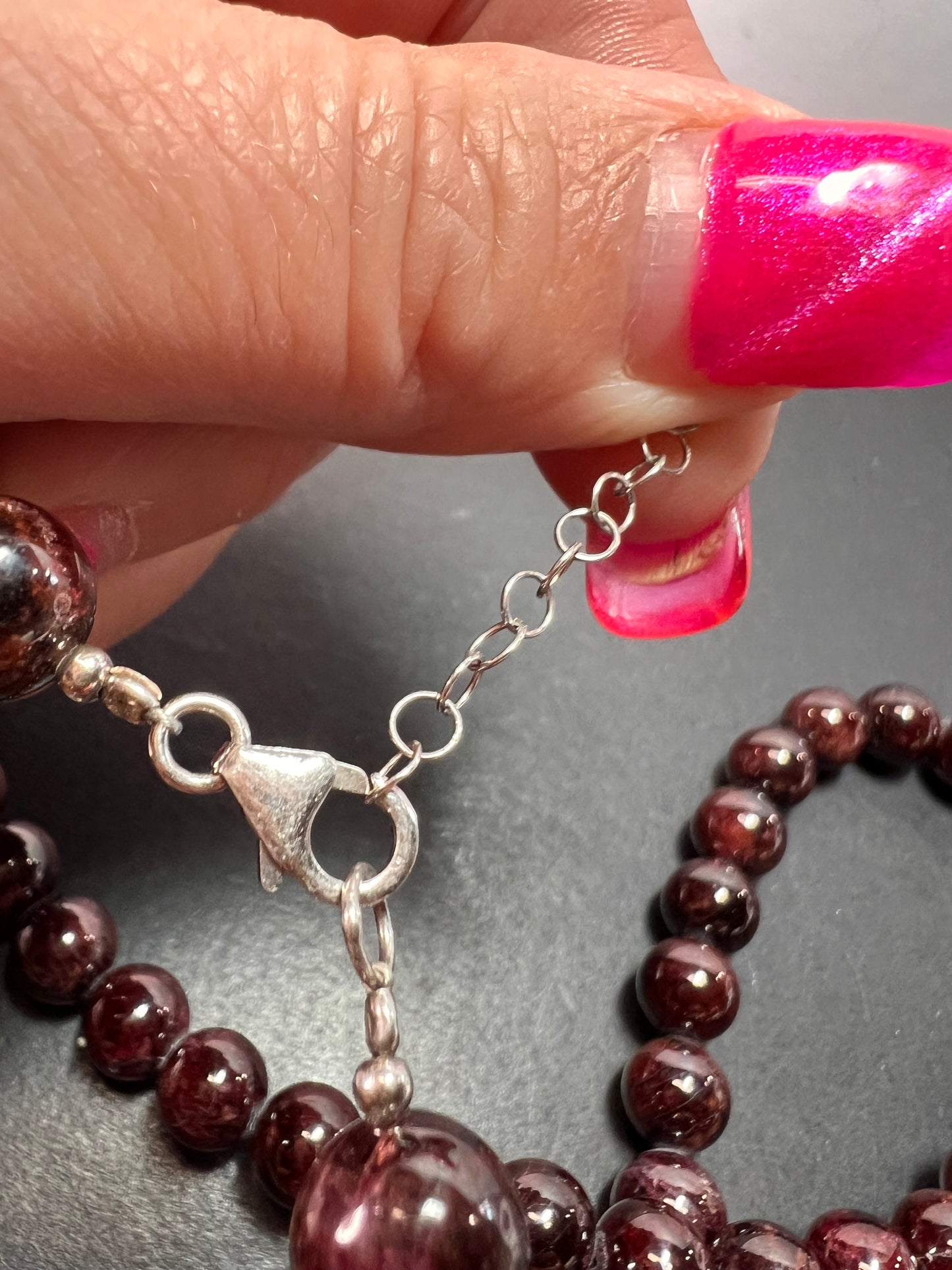 Garnet beaded necklace with sterling silver clasp