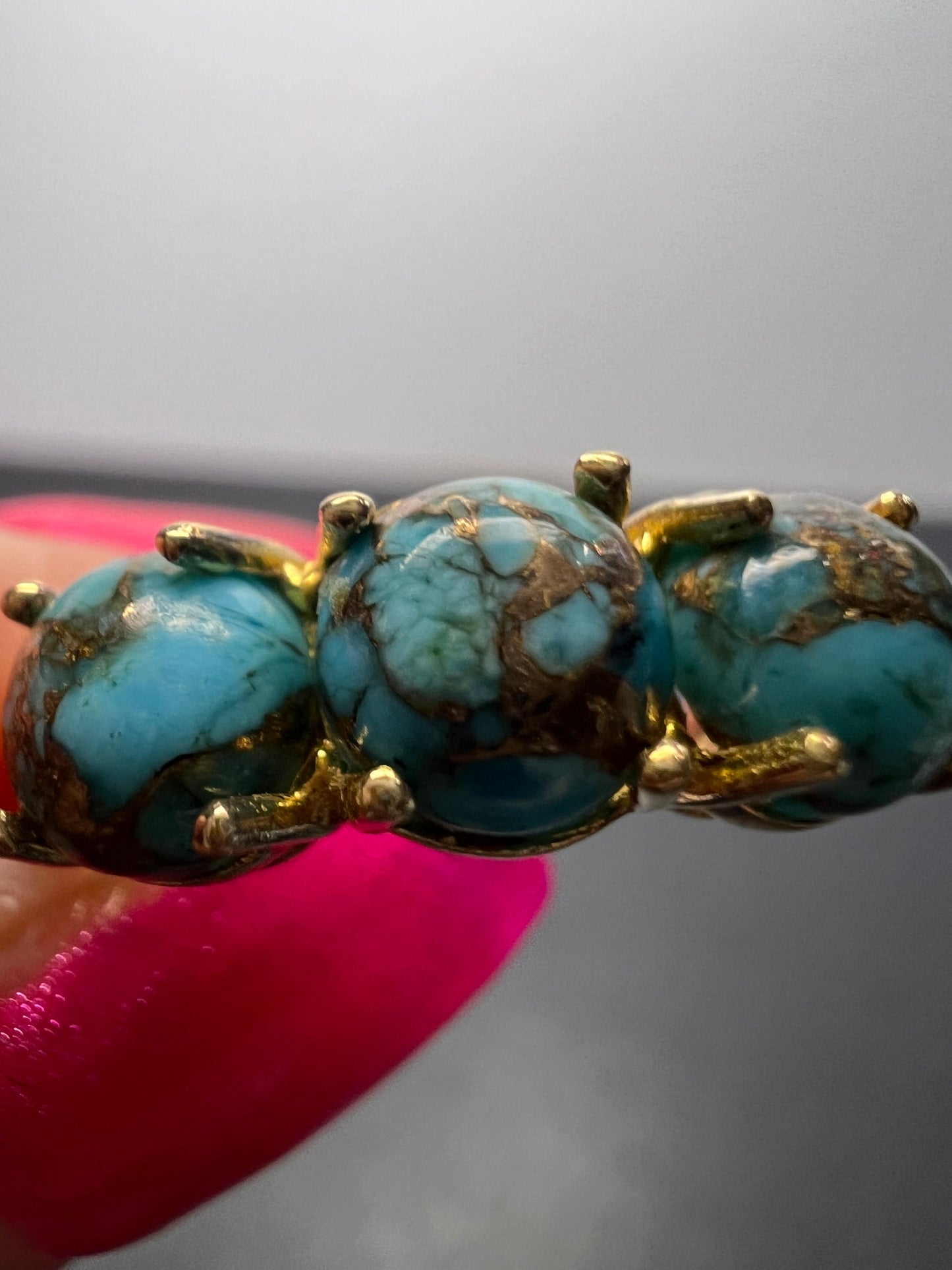 Blue composite turquoise trilogy ring in gold over sterling silver size 9