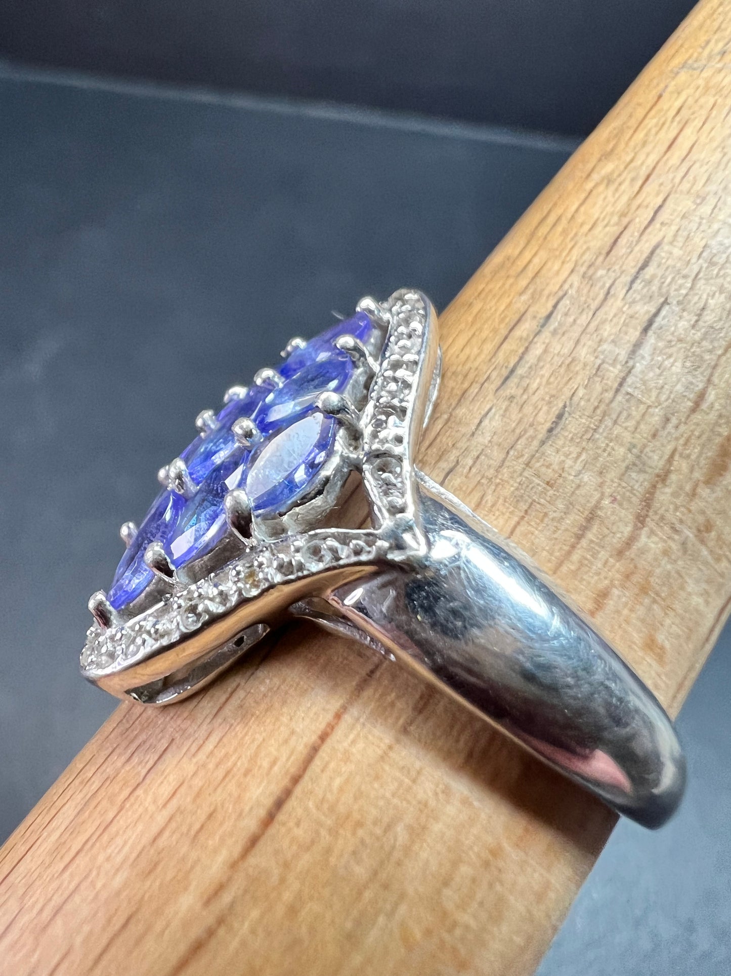 Vintage Tanzanite Diamond Sterling Silver Marquise Ring Size 9