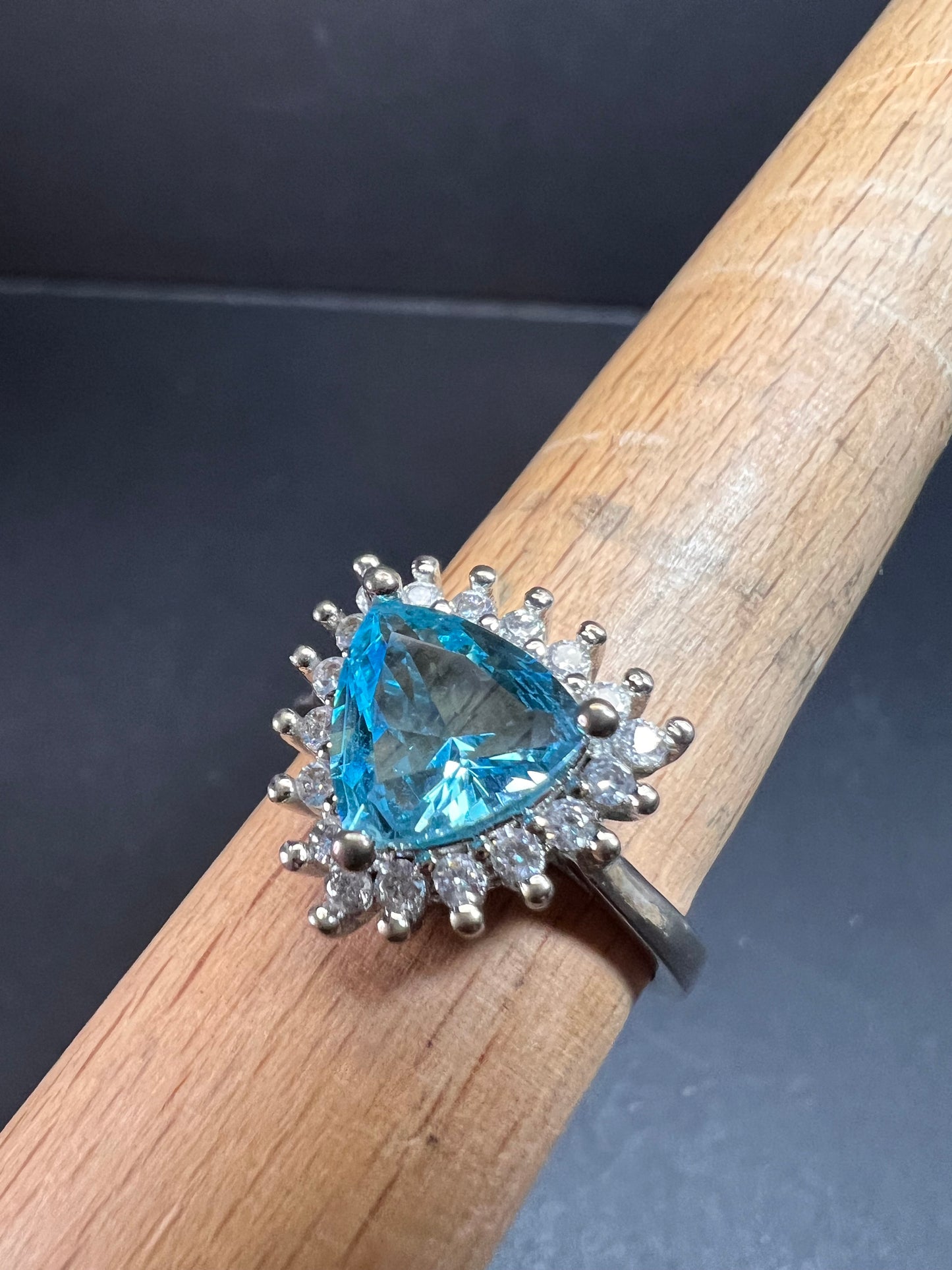 Sky blue trillium CZ halo sterling silver ring size 9