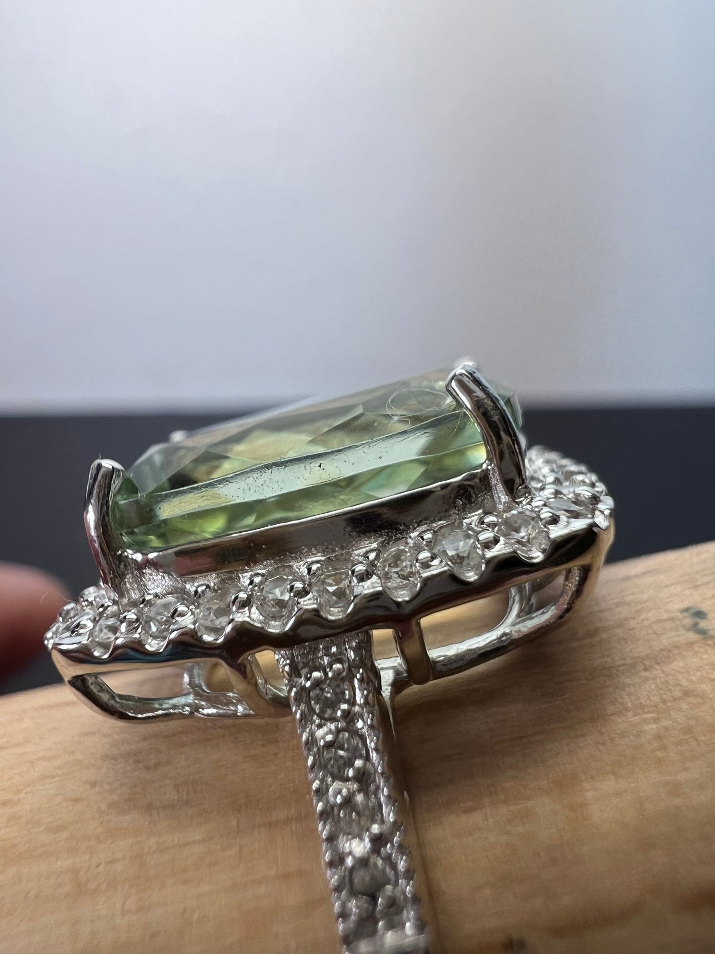 Cushion cut Prasiolite cocktail halo ring size 9