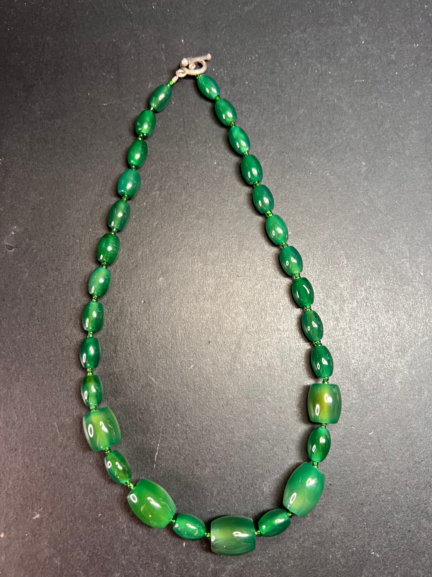 Green onyx beaded necklace with sterling silver toggle clasp
