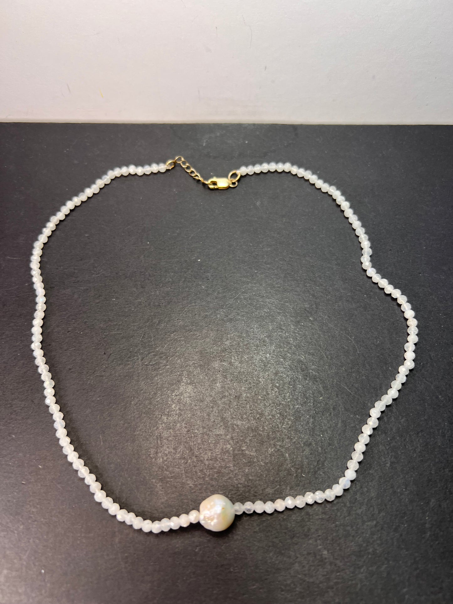 Rainbow moonstone and pearl necklace with sterling silver clasp