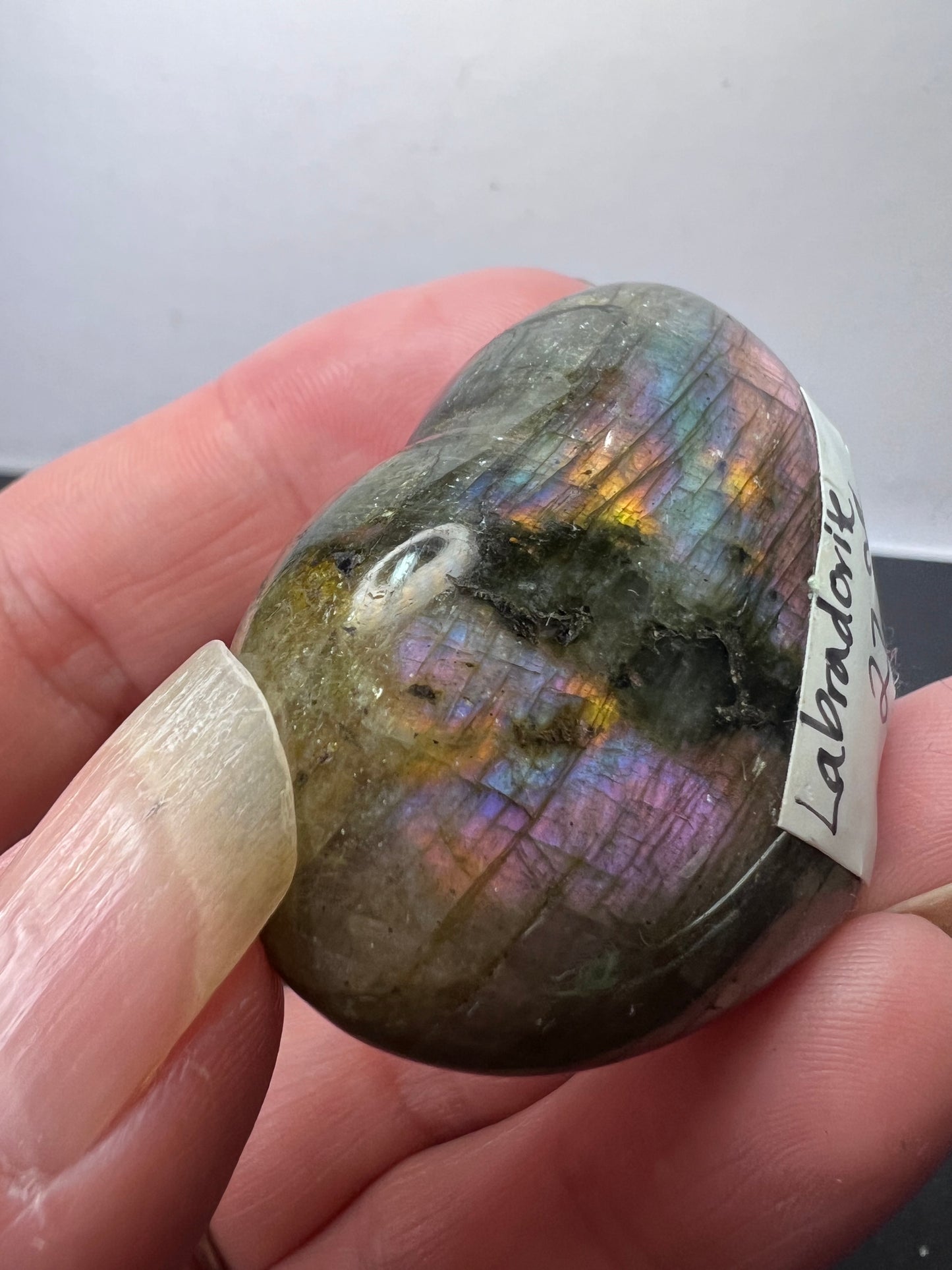 Labradorite heart with pink purple flash