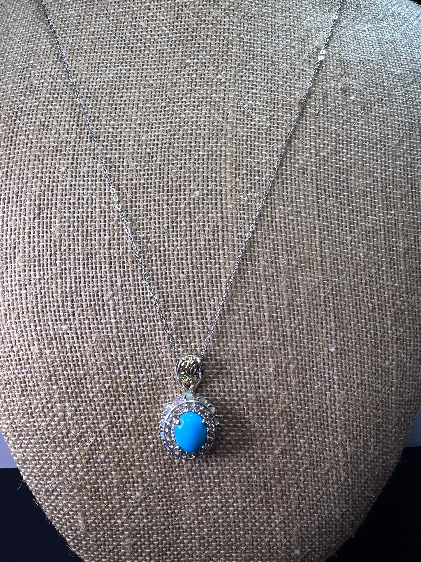 New Opal and sleeping beauty turquoise halo pendant and 20 inch chain necklace