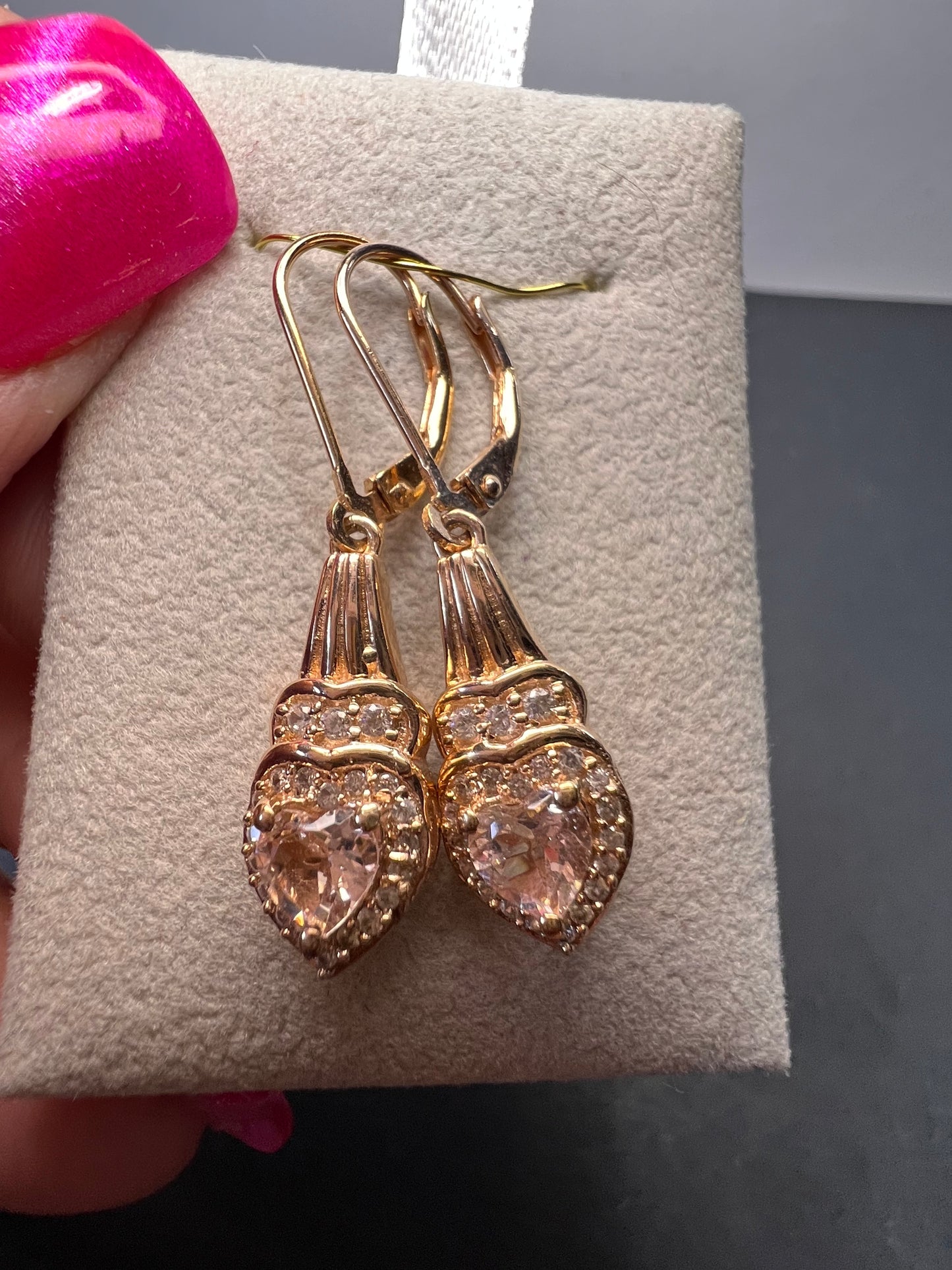 Marropino morganite and Cambodian zircon rose gold over sterling lever back heart drop earrings