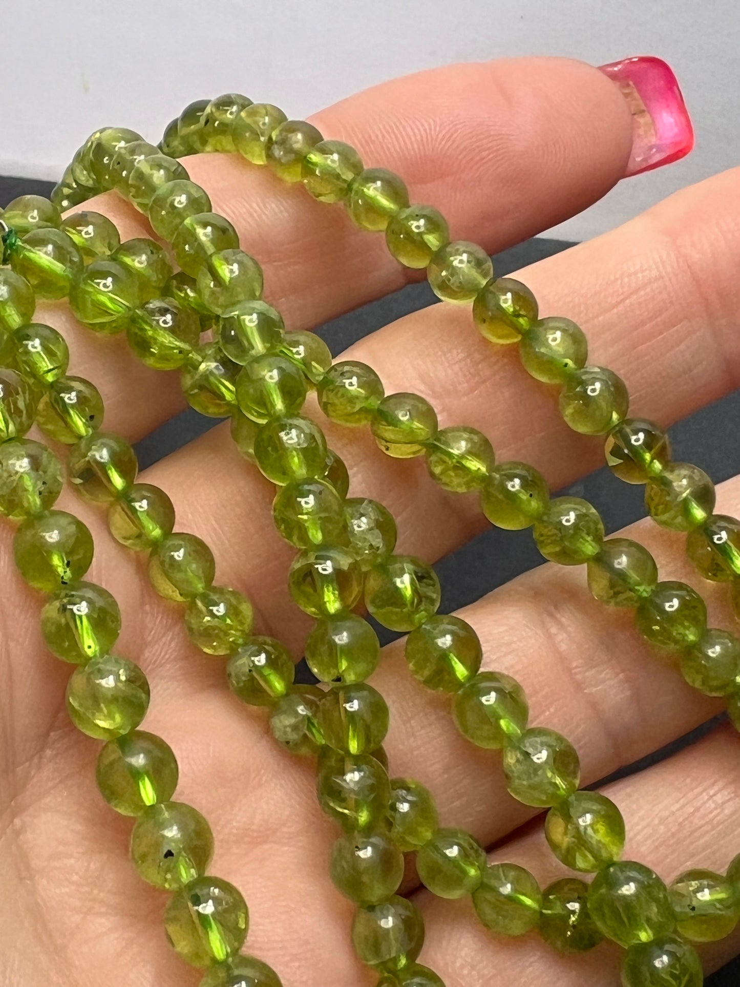 6mm high grade peridot beaded 36 inch necklace with sterling silver clasp