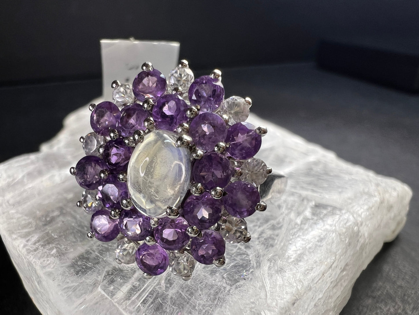 Rainbow Moonstone Amethyst White Topaz Sterling Ring Sz 9