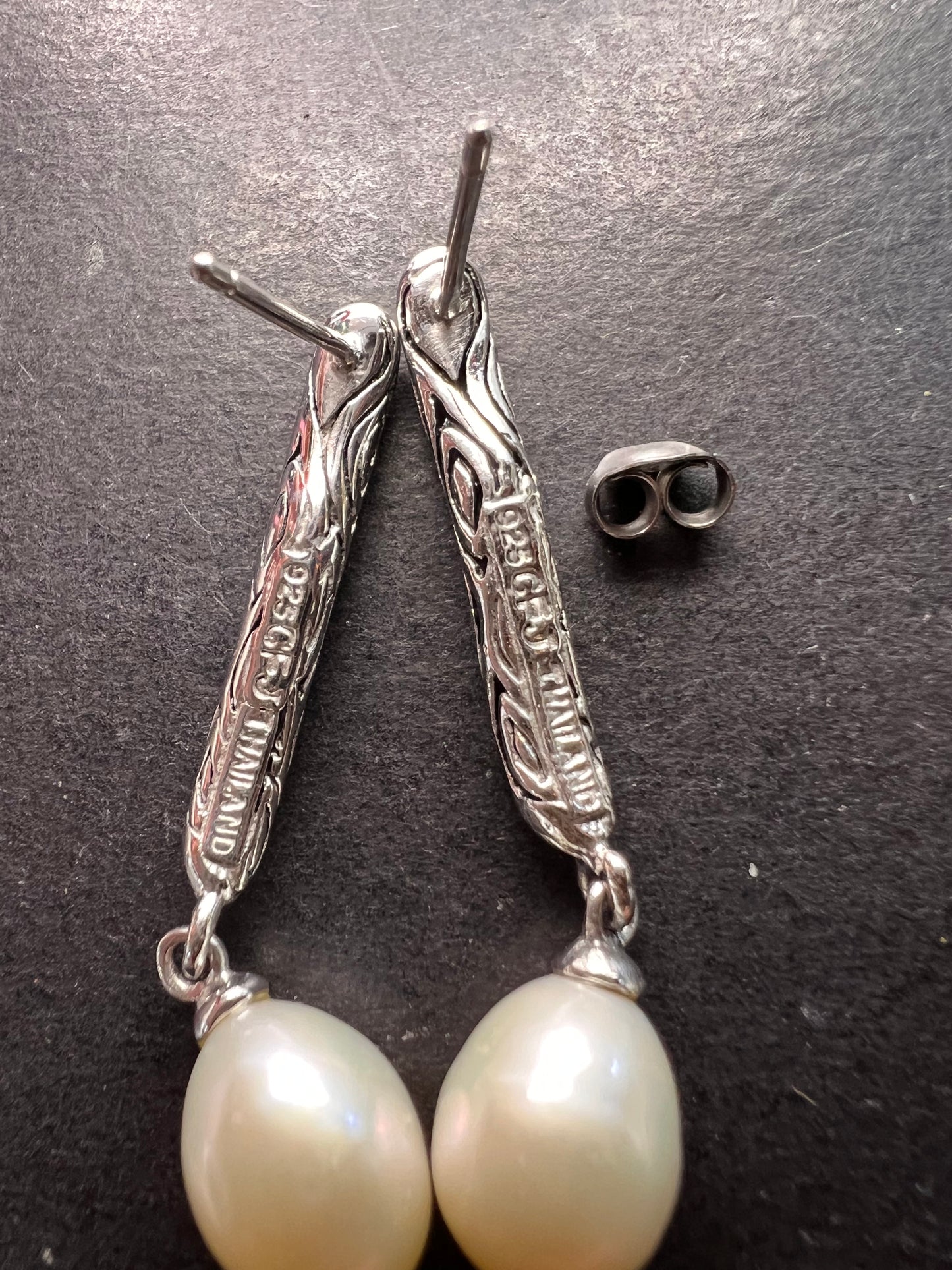 Thai sterling silver freshwater pearl drop earrings