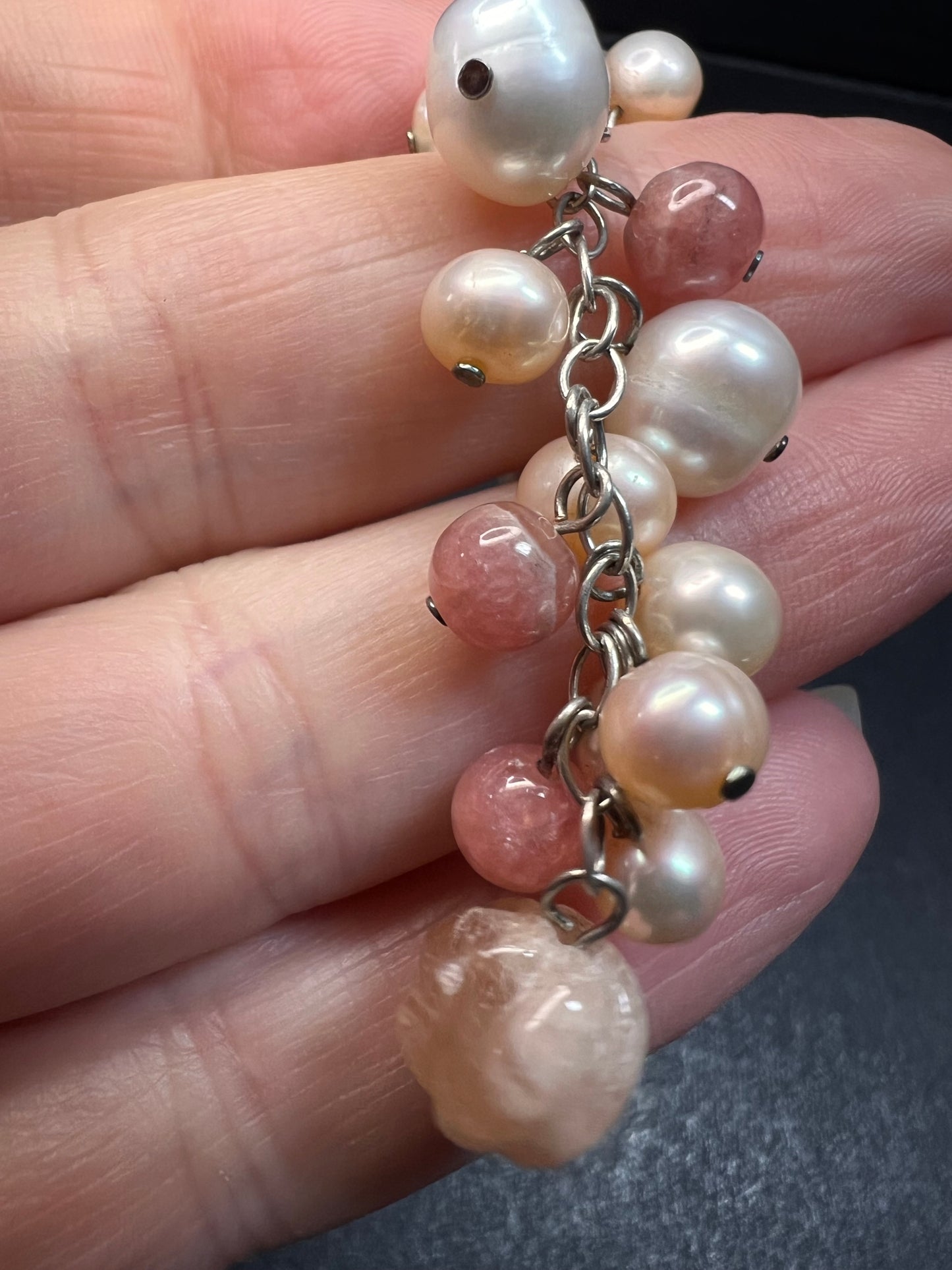 NEW freshwater pearl, rhodochrosite and morganite necklace with sterling silver clasp