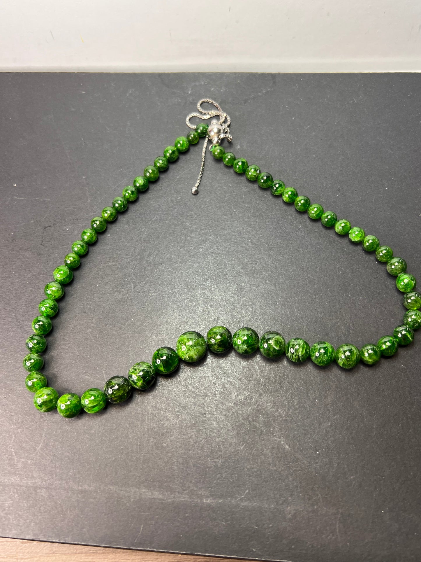 Russian green chrome diopside graduated beaded bolo sterling silver necklace