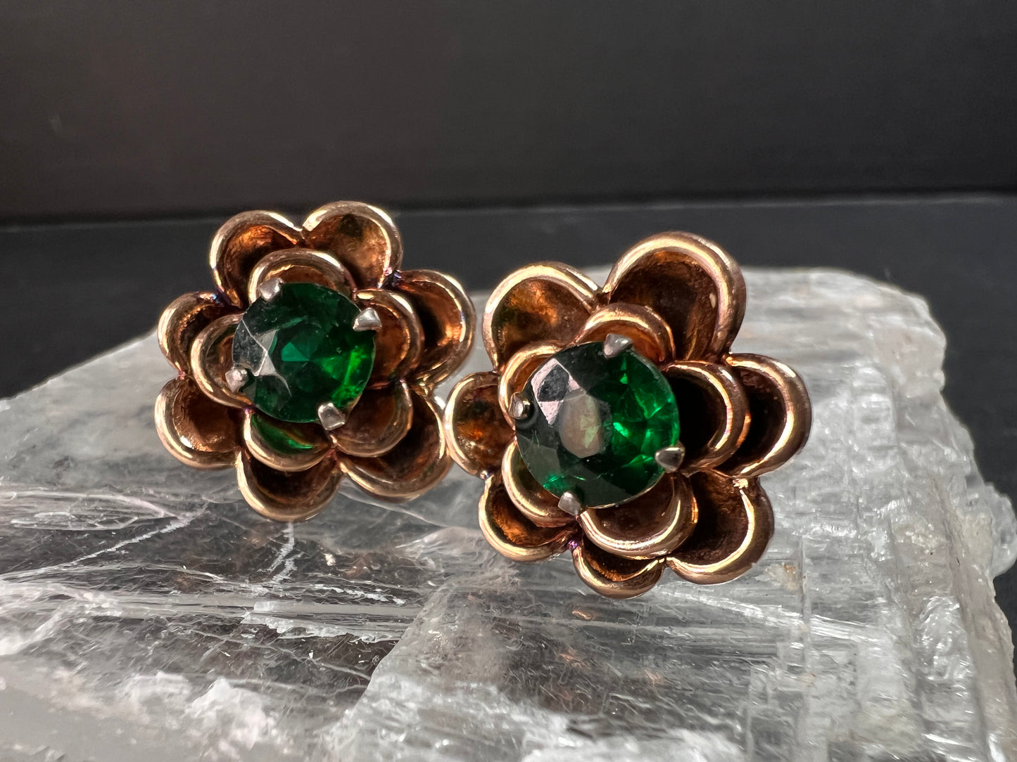 Vintage 1940s Vermeil Flower Screw Back Green Paste Earrings