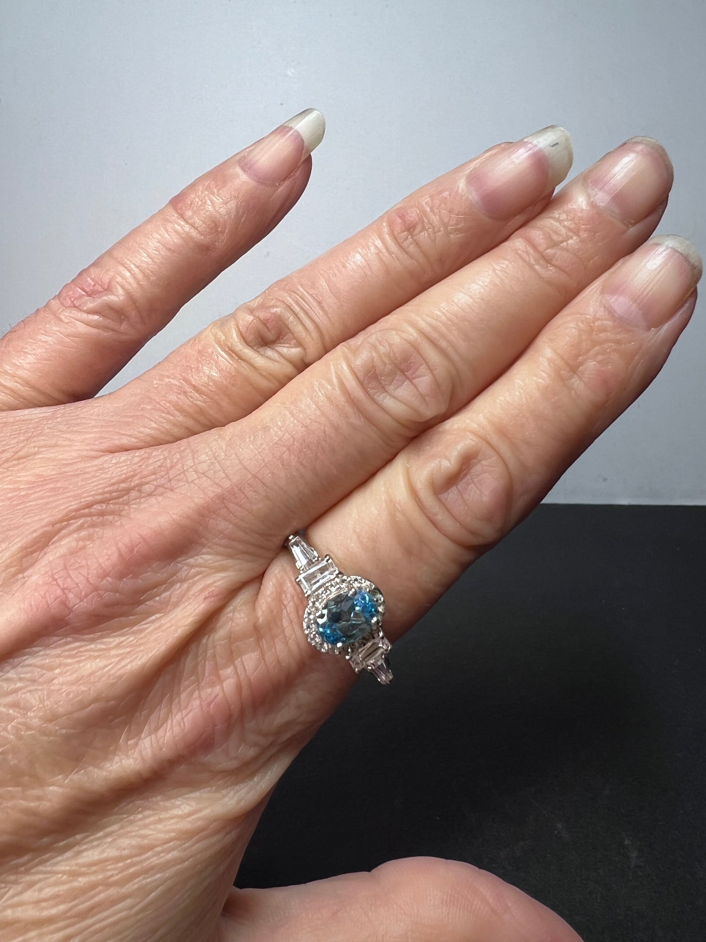 Blue and white topaz sterling silver halo ring size 9