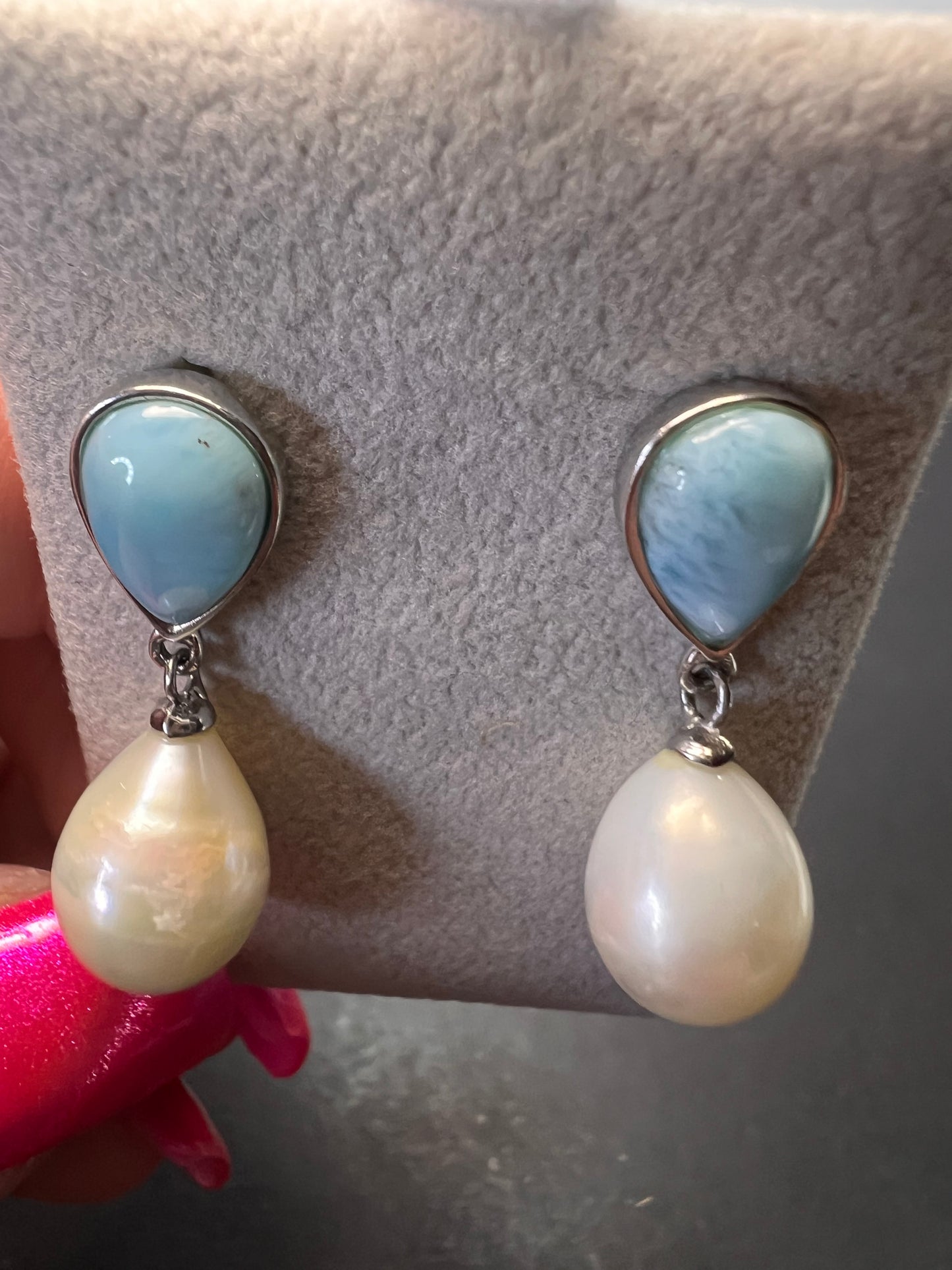 Larimar and pearl sterling silver teardrop earrings