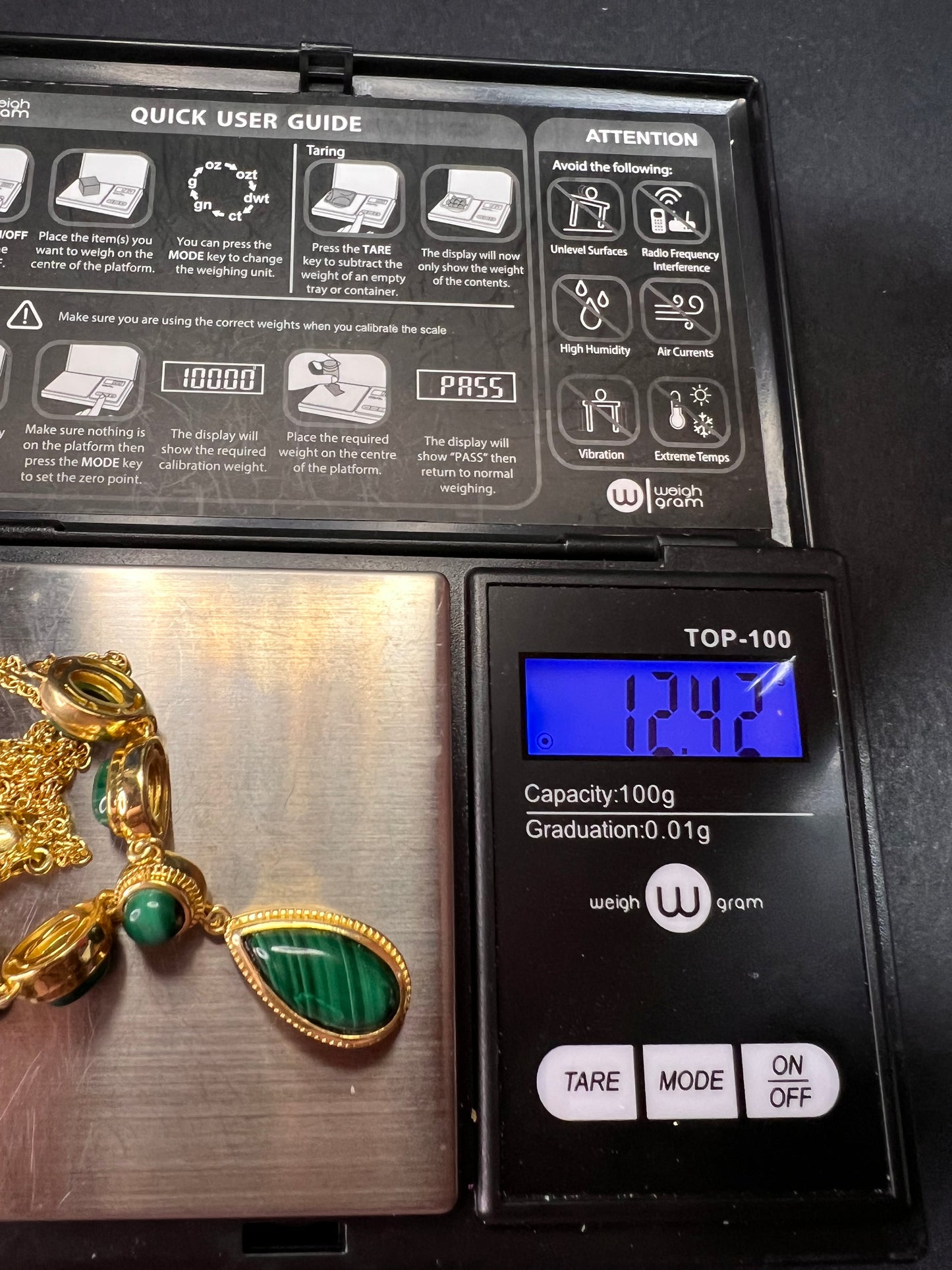 NEW Malachite necklace in yellow gold over brass 18-22inch