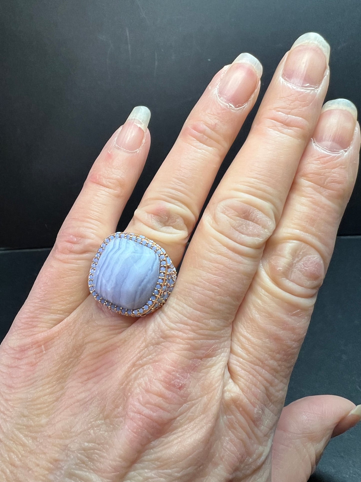New With Tag Blue Lace Agate 18K Rose Gold Plated Ring Size 7