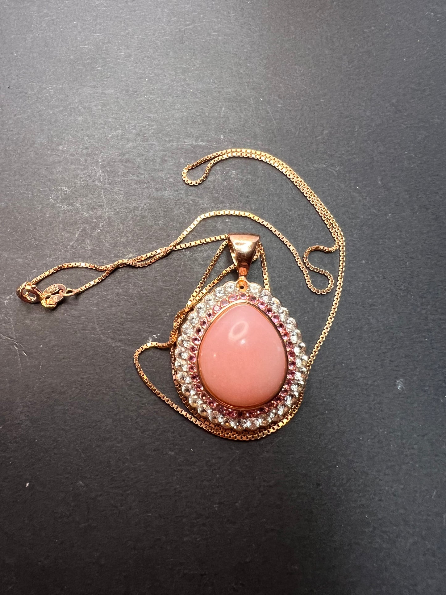 Pink opal, pink tourmaline and white topaz pendant necklace rose gold over sterling 18 inch chain